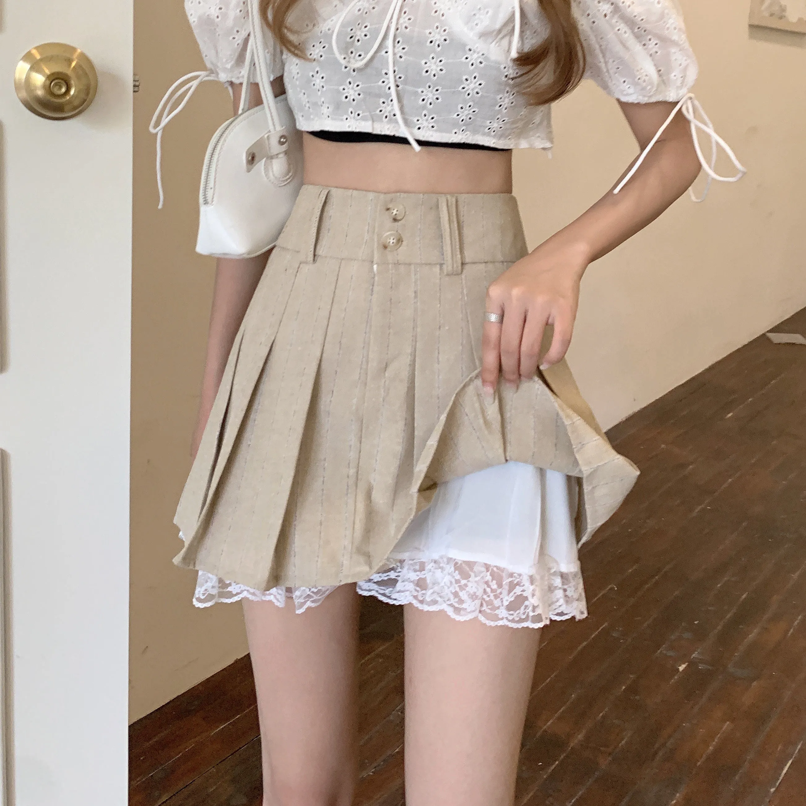 Pretty Light Cream Lace Pleated Short Mini Skirt