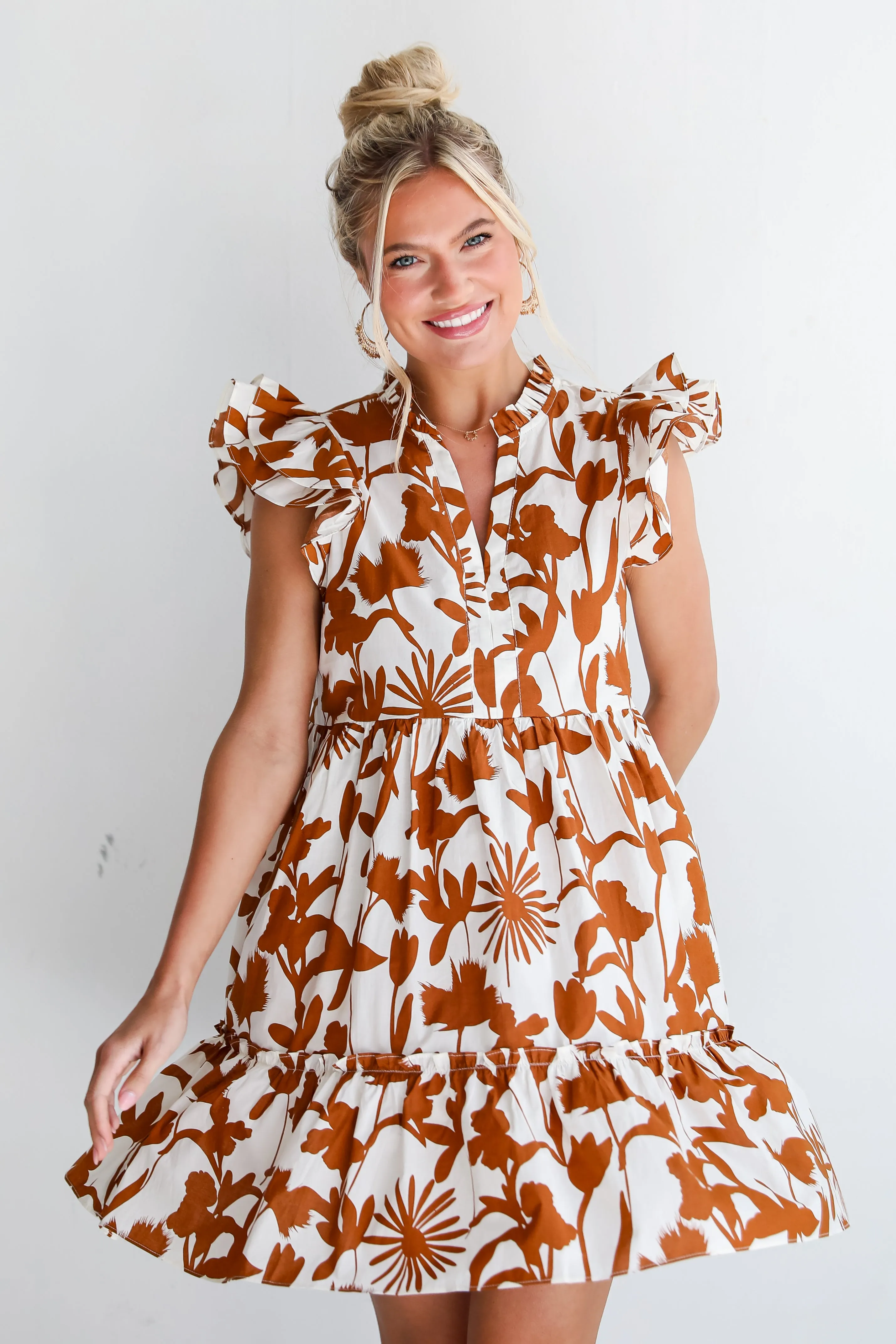 Pretty Whimsy Brown Floral Mini Dress