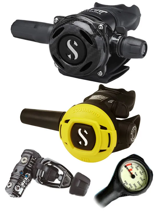 Scubapro Regulator Set: MK25 Evo Black Tech (DIN or Yoke) / A700 Carbon / Octopus & Free Termo Gauge