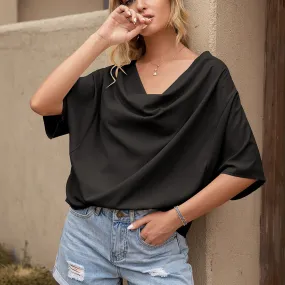 Solid V-Neck Short Sleeve Loose Top