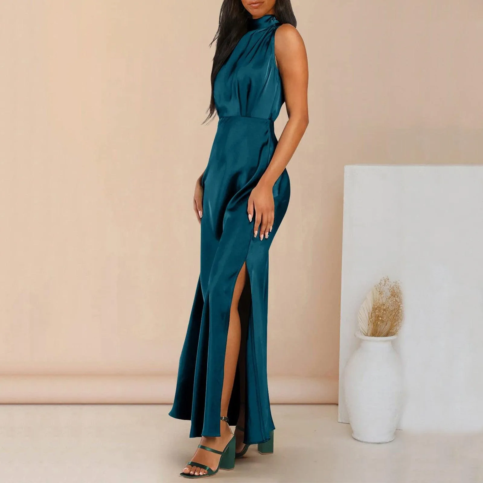 Summer Elegant Women Summer Long Formal Satin Dresses Mock Neck Sleeveless Side Slit Flowy Maxi Tank Dresses Woman Party Night