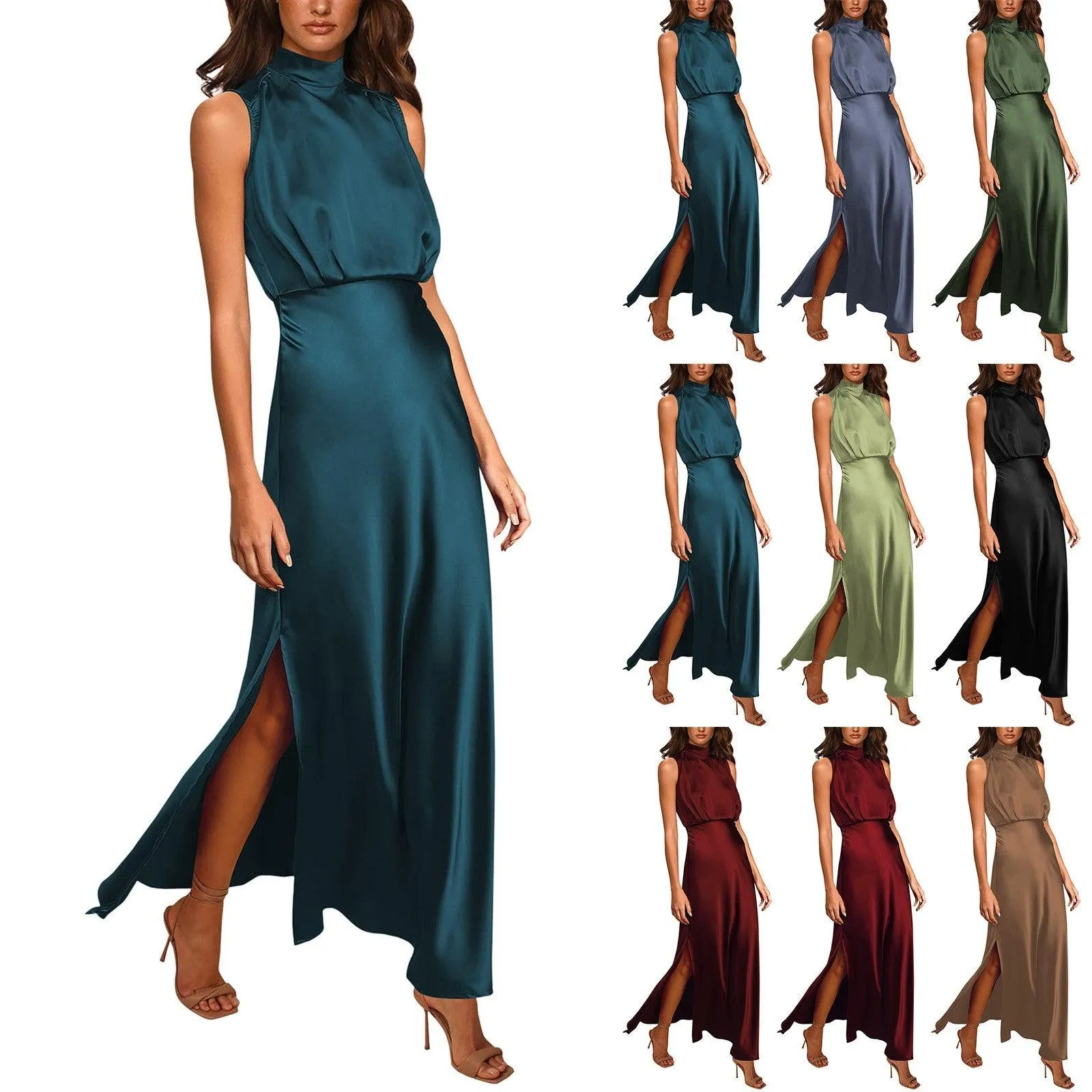 Summer Elegant Women Summer Long Formal Satin Dresses Mock Neck Sleeveless Side Slit Flowy Maxi Tank Dresses Woman Party Night