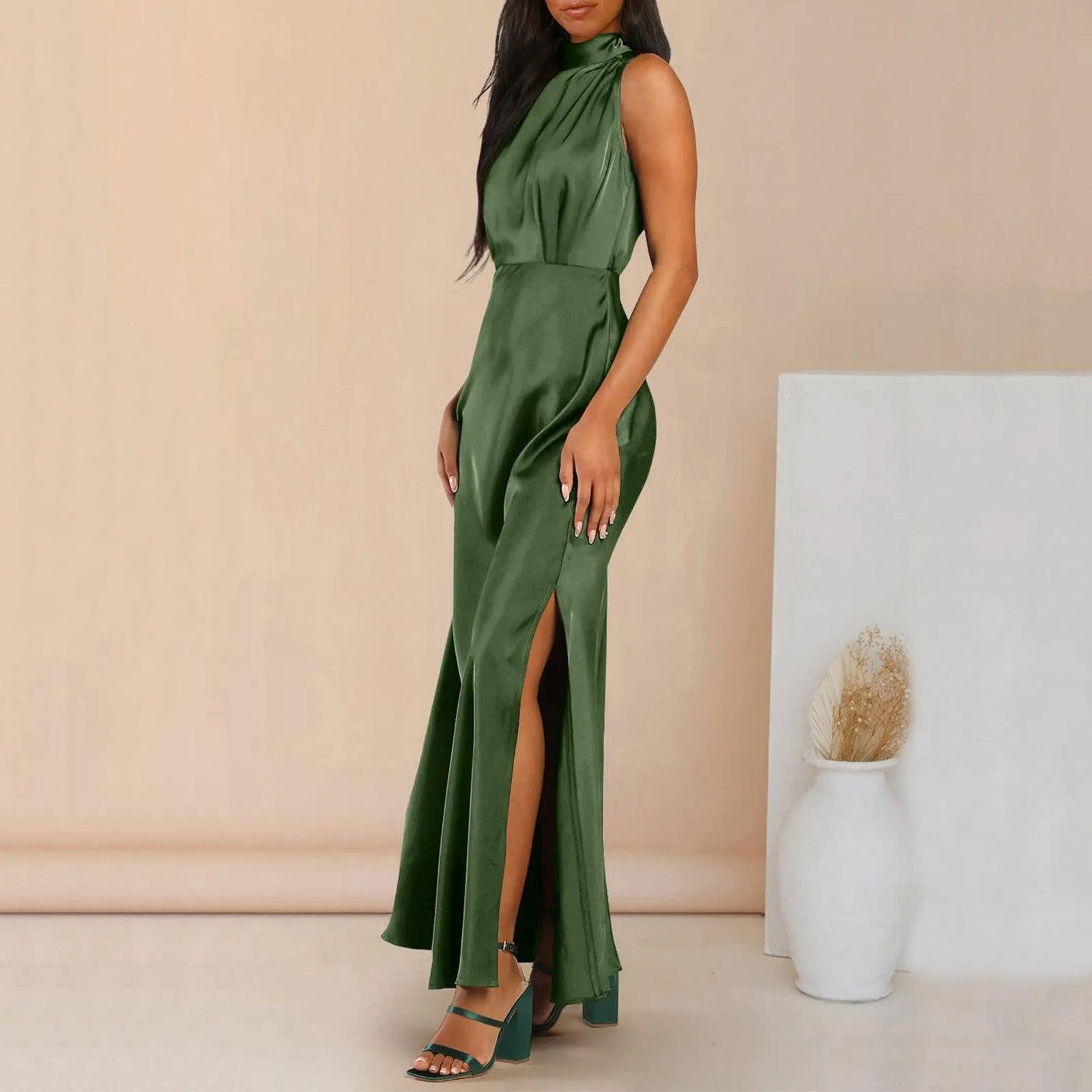 Summer Elegant Women Summer Long Formal Satin Dresses Mock Neck Sleeveless Side Slit Flowy Maxi Tank Dresses Woman Party Night