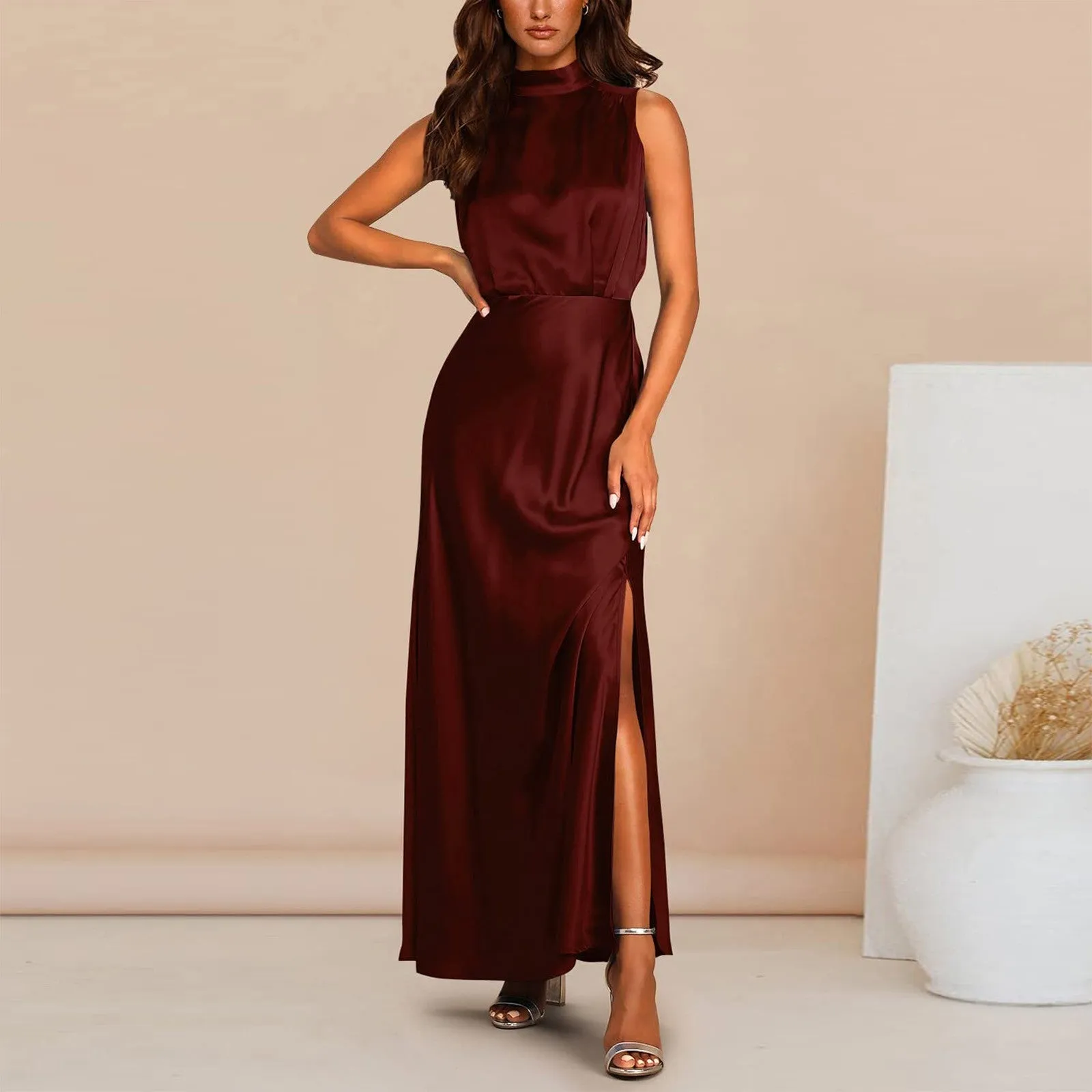 Summer Elegant Women Summer Long Formal Satin Dresses Mock Neck Sleeveless Side Slit Flowy Maxi Tank Dresses Woman Party Night