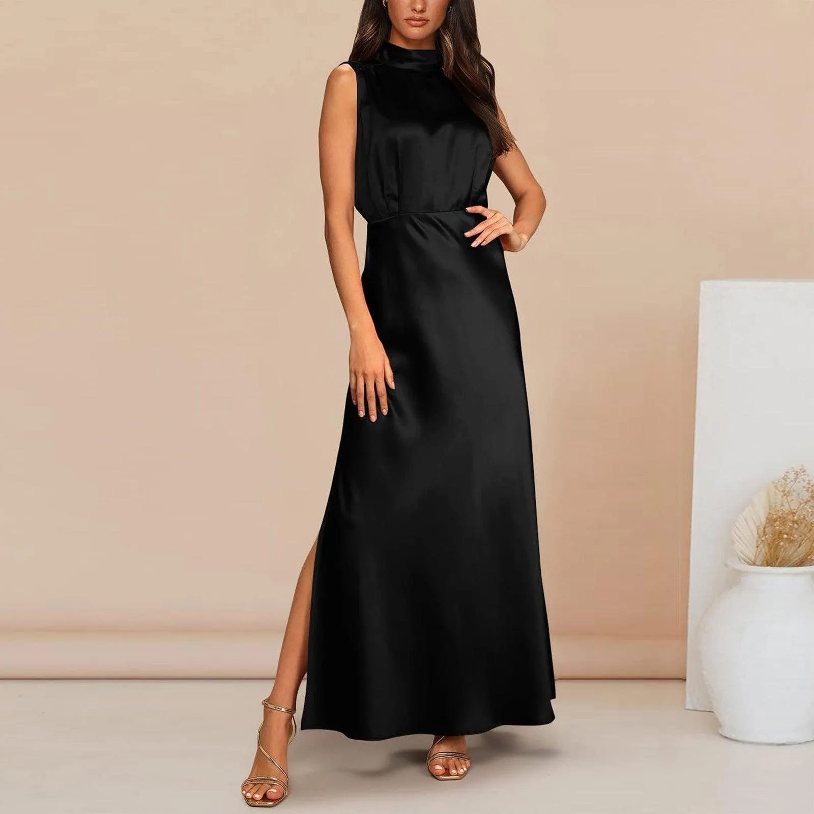 Summer Elegant Women Summer Long Formal Satin Dresses Mock Neck Sleeveless Side Slit Flowy Maxi Tank Dresses Woman Party Night