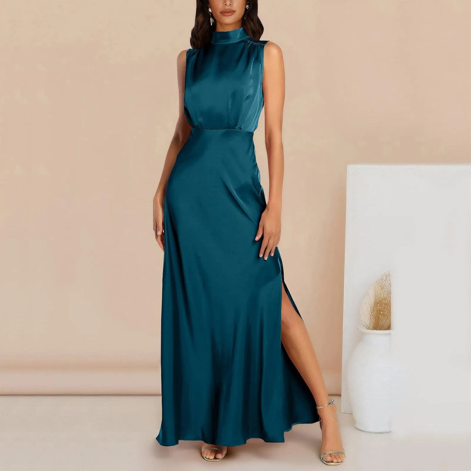 Summer Elegant Women Summer Long Formal Satin Dresses Mock Neck Sleeveless Side Slit Flowy Maxi Tank Dresses Woman Party Night