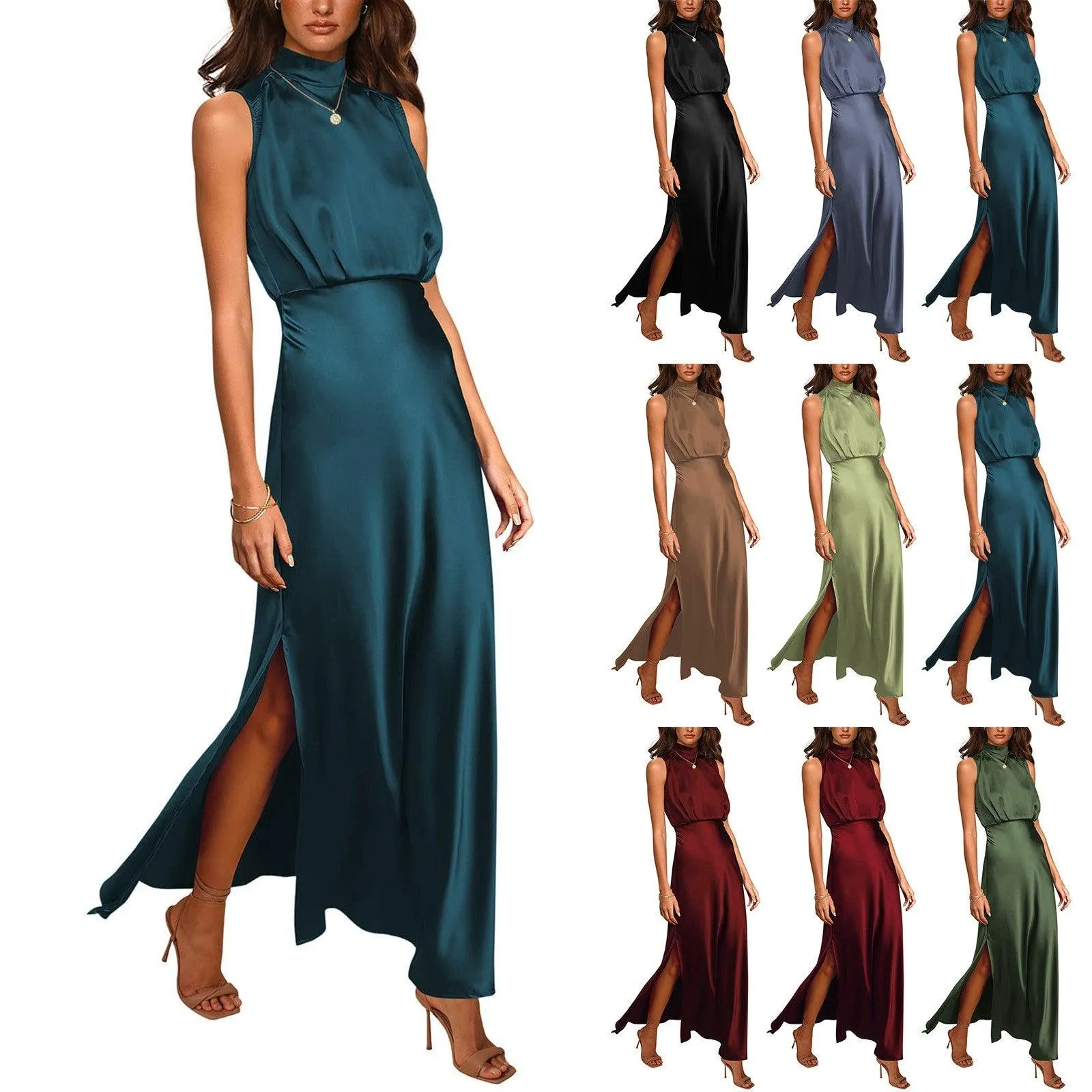 Summer Elegant Women Summer Long Formal Satin Dresses Mock Neck Sleeveless Side Slit Flowy Maxi Tank Dresses Woman Party Night