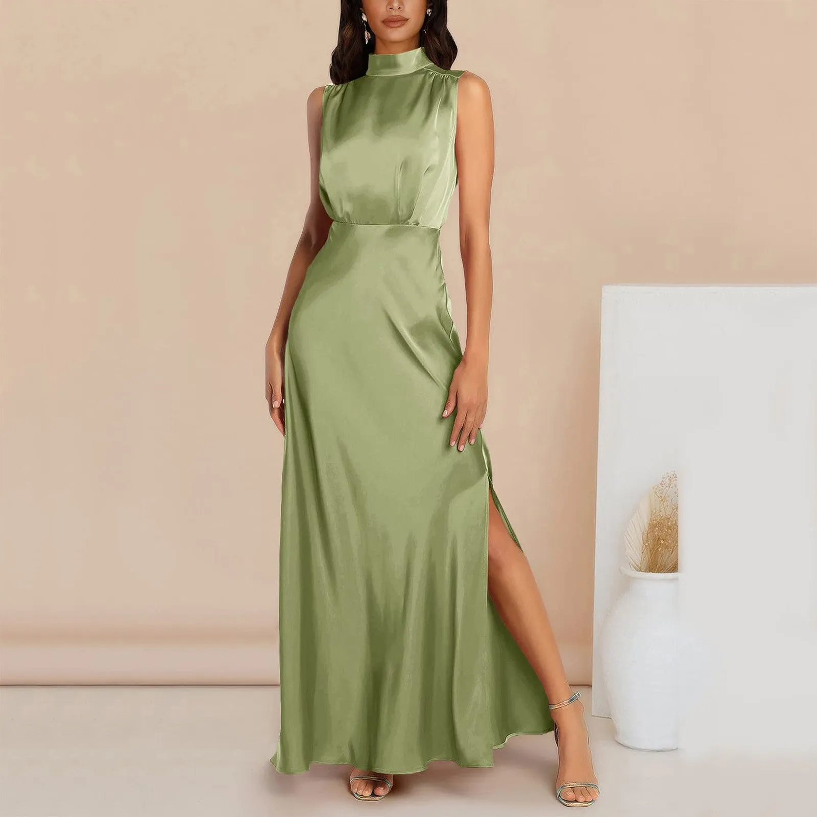 Summer Elegant Women Summer Long Formal Satin Dresses Mock Neck Sleeveless Side Slit Flowy Maxi Tank Dresses Woman Party Night