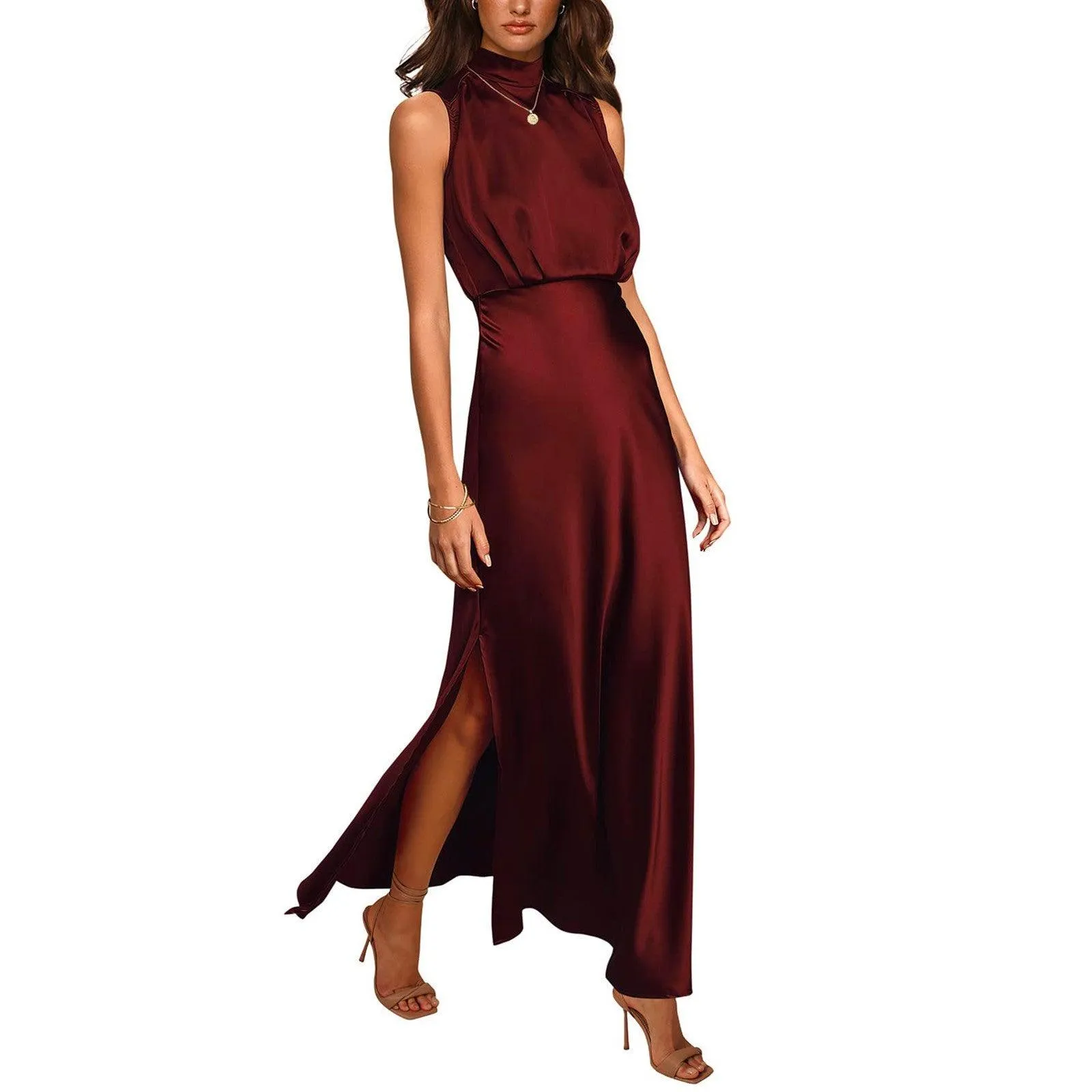 Summer Elegant Women Summer Long Formal Satin Dresses Mock Neck Sleeveless Side Slit Flowy Maxi Tank Dresses Woman Party Night