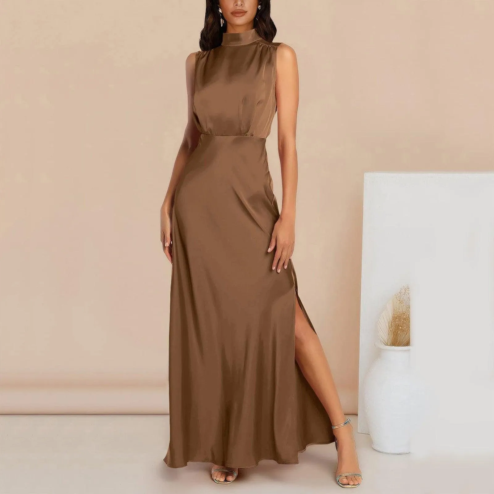 Summer Elegant Women Summer Long Formal Satin Dresses Mock Neck Sleeveless Side Slit Flowy Maxi Tank Dresses Woman Party Night