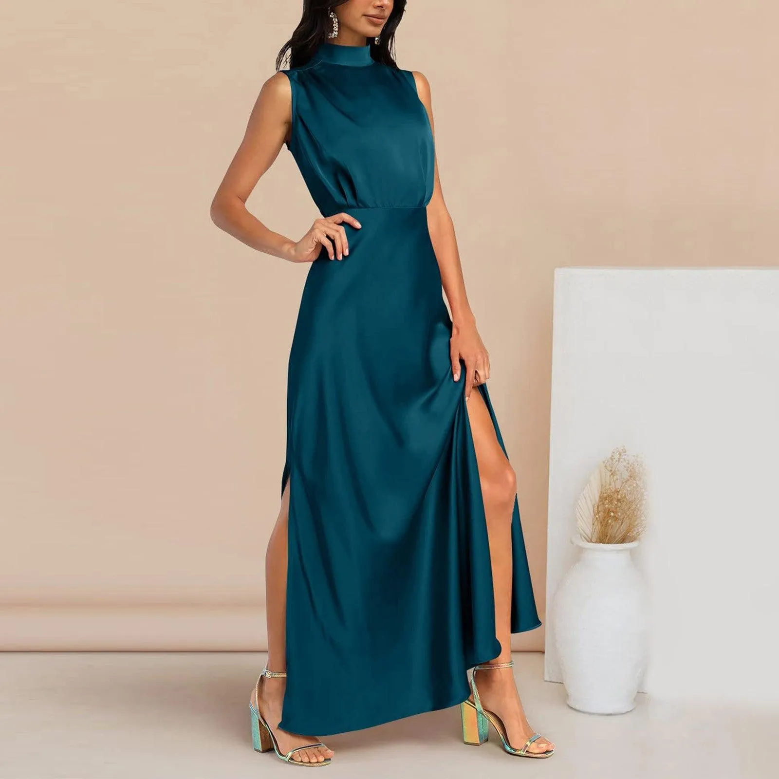 Summer Elegant Women Summer Long Formal Satin Dresses Mock Neck Sleeveless Side Slit Flowy Maxi Tank Dresses Woman Party Night