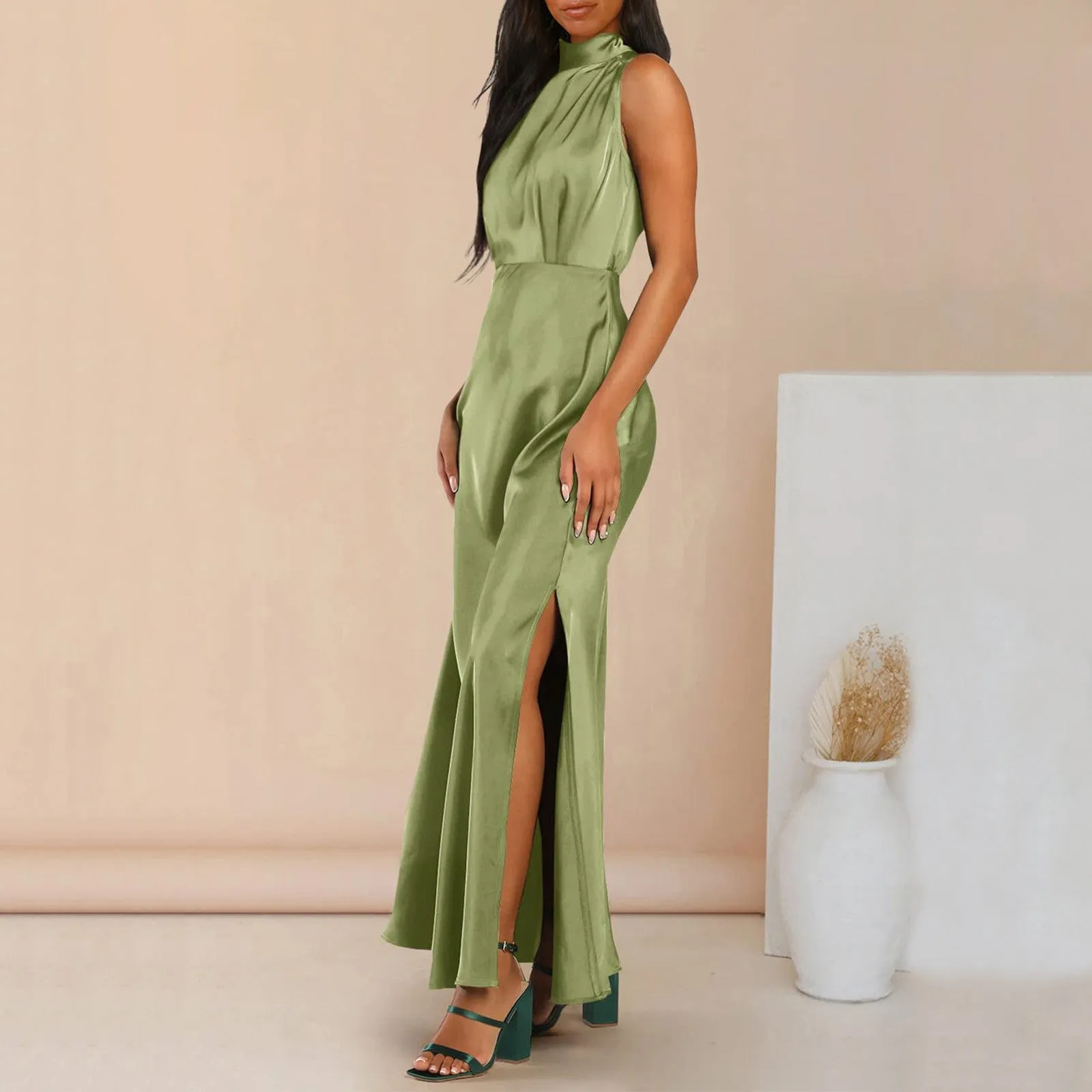 Summer Elegant Women Summer Long Formal Satin Dresses Mock Neck Sleeveless Side Slit Flowy Maxi Tank Dresses Woman Party Night