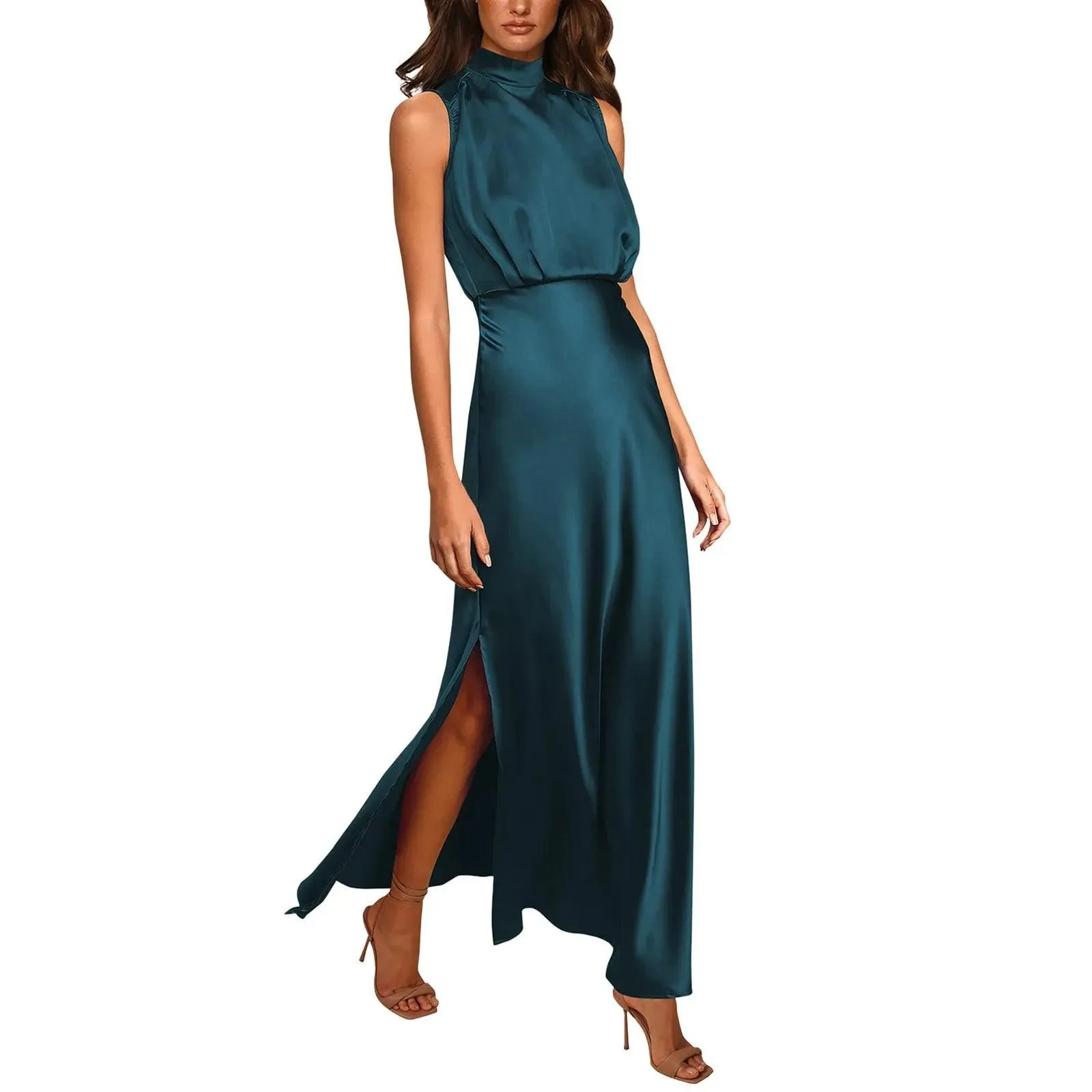 Summer Elegant Women Summer Long Formal Satin Dresses Mock Neck Sleeveless Side Slit Flowy Maxi Tank Dresses Woman Party Night