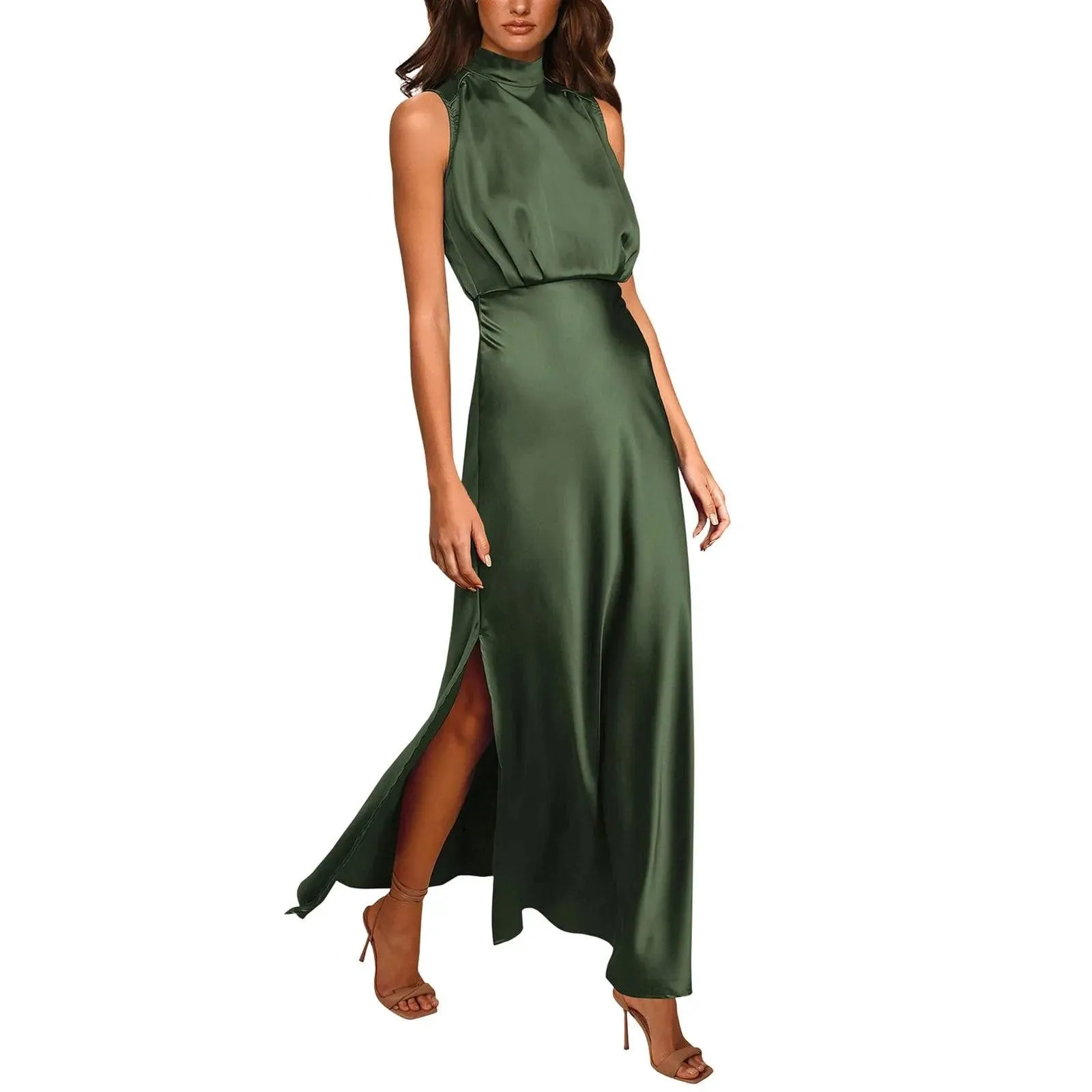 Summer Elegant Women Summer Long Formal Satin Dresses Mock Neck Sleeveless Side Slit Flowy Maxi Tank Dresses Woman Party Night