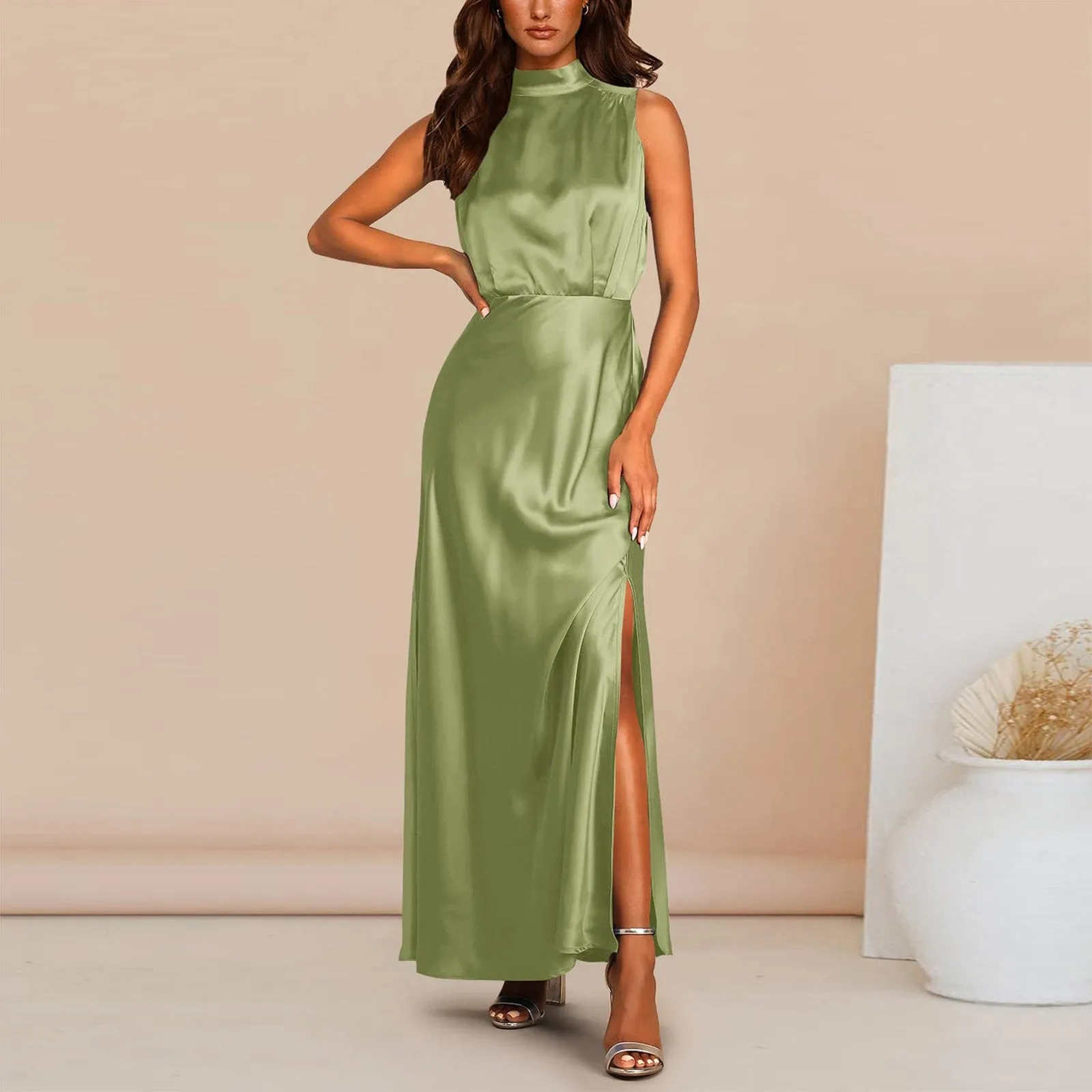 Summer Elegant Women Summer Long Formal Satin Dresses Mock Neck Sleeveless Side Slit Flowy Maxi Tank Dresses Woman Party Night