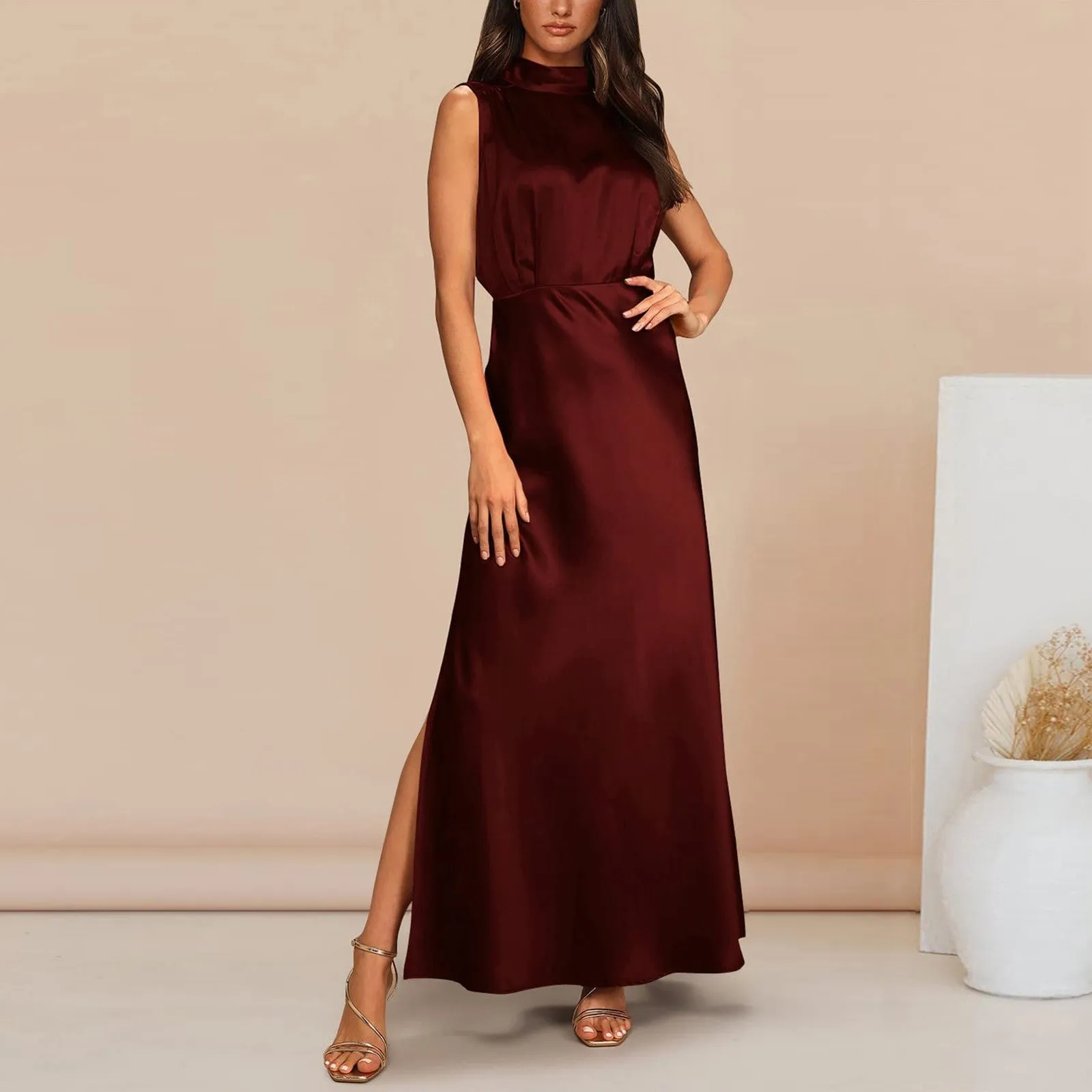 Summer Elegant Women Summer Long Formal Satin Dresses Mock Neck Sleeveless Side Slit Flowy Maxi Tank Dresses Woman Party Night