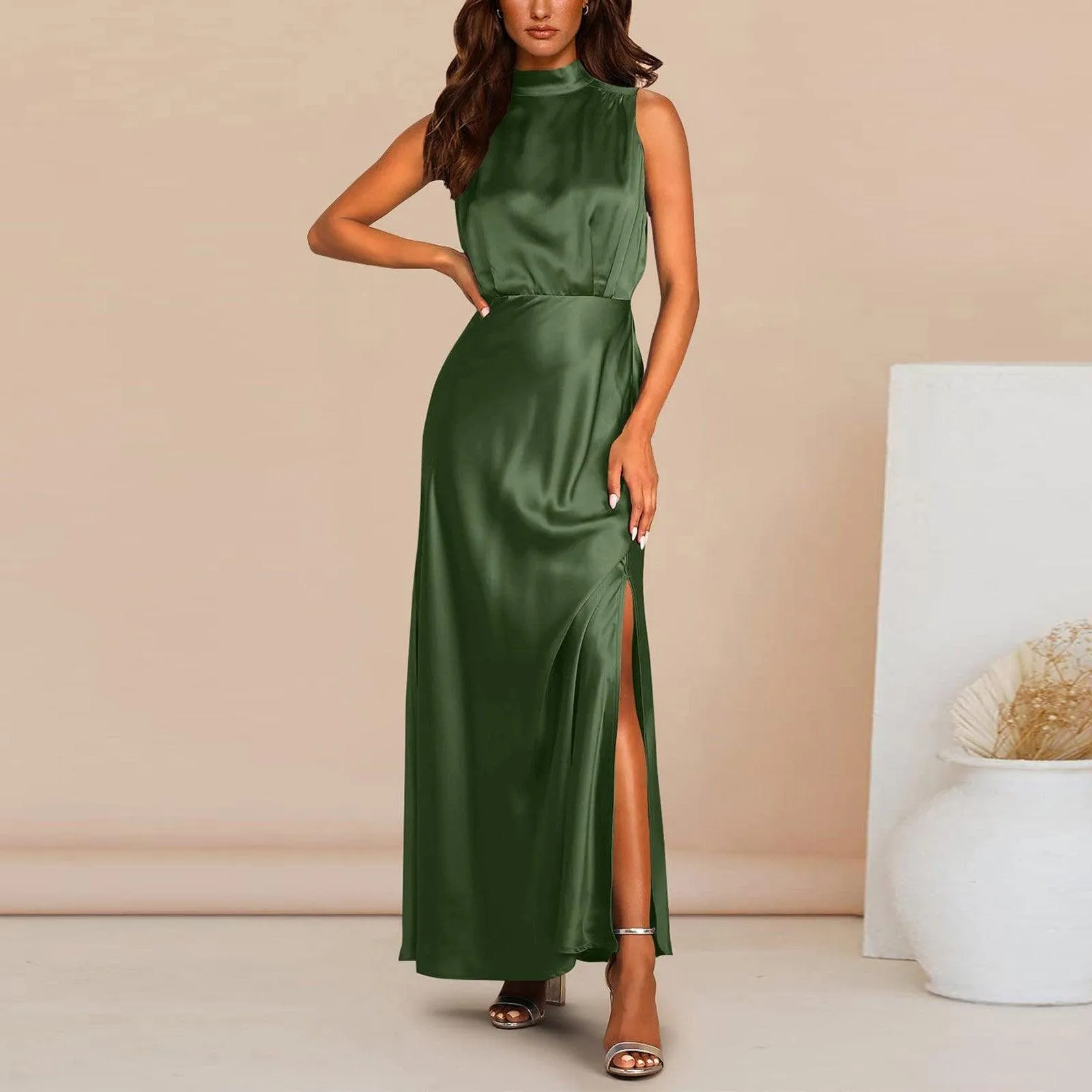 Summer Elegant Women Summer Long Formal Satin Dresses Mock Neck Sleeveless Side Slit Flowy Maxi Tank Dresses Woman Party Night