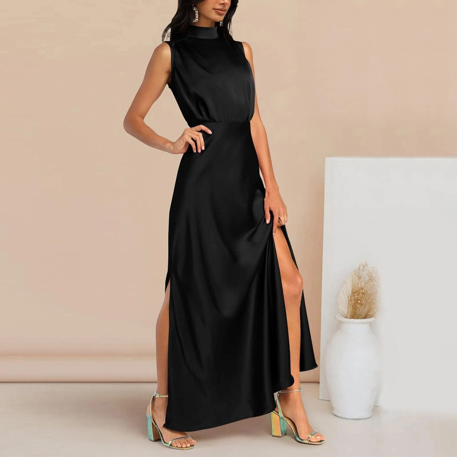 Summer Elegant Women Summer Long Formal Satin Dresses Mock Neck Sleeveless Side Slit Flowy Maxi Tank Dresses Woman Party Night