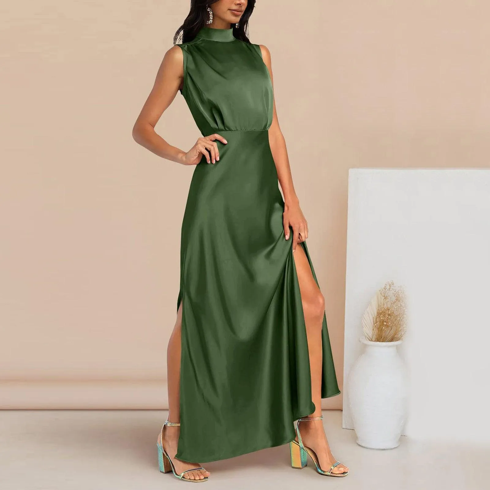 Summer Elegant Women Summer Long Formal Satin Dresses Mock Neck Sleeveless Side Slit Flowy Maxi Tank Dresses Woman Party Night