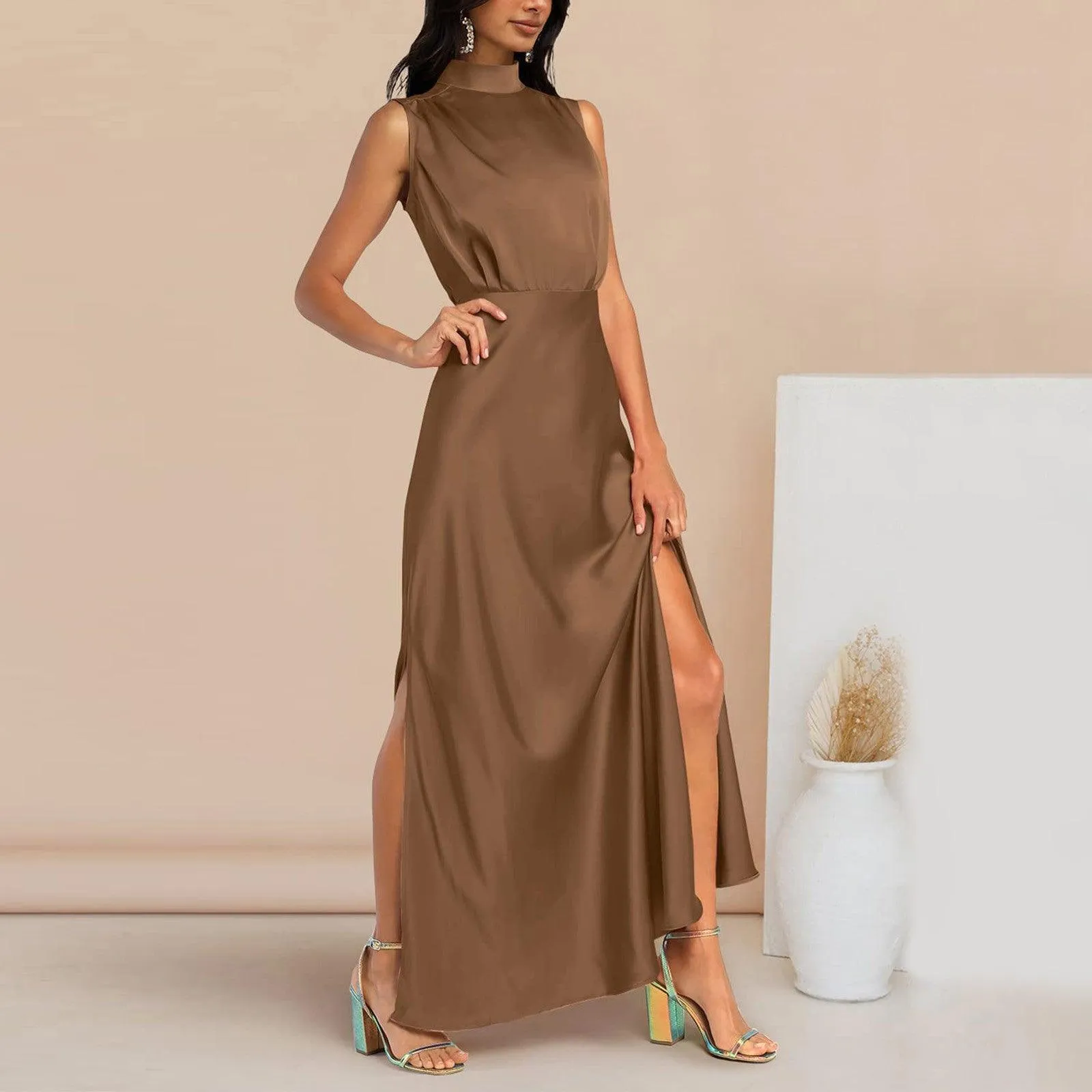 Summer Elegant Women Summer Long Formal Satin Dresses Mock Neck Sleeveless Side Slit Flowy Maxi Tank Dresses Woman Party Night