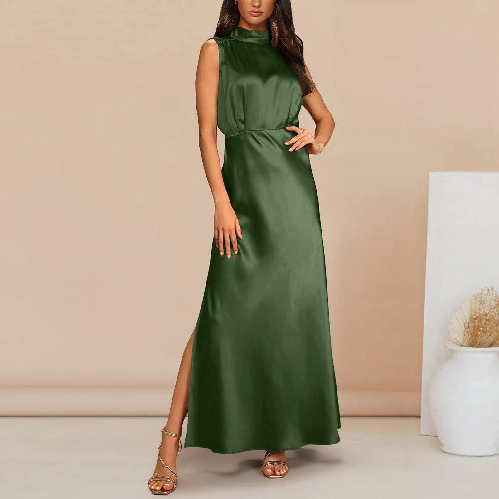 Summer Elegant Women Summer Long Formal Satin Dresses Mock Neck Sleeveless Side Slit Flowy Maxi Tank Dresses Woman Party Night