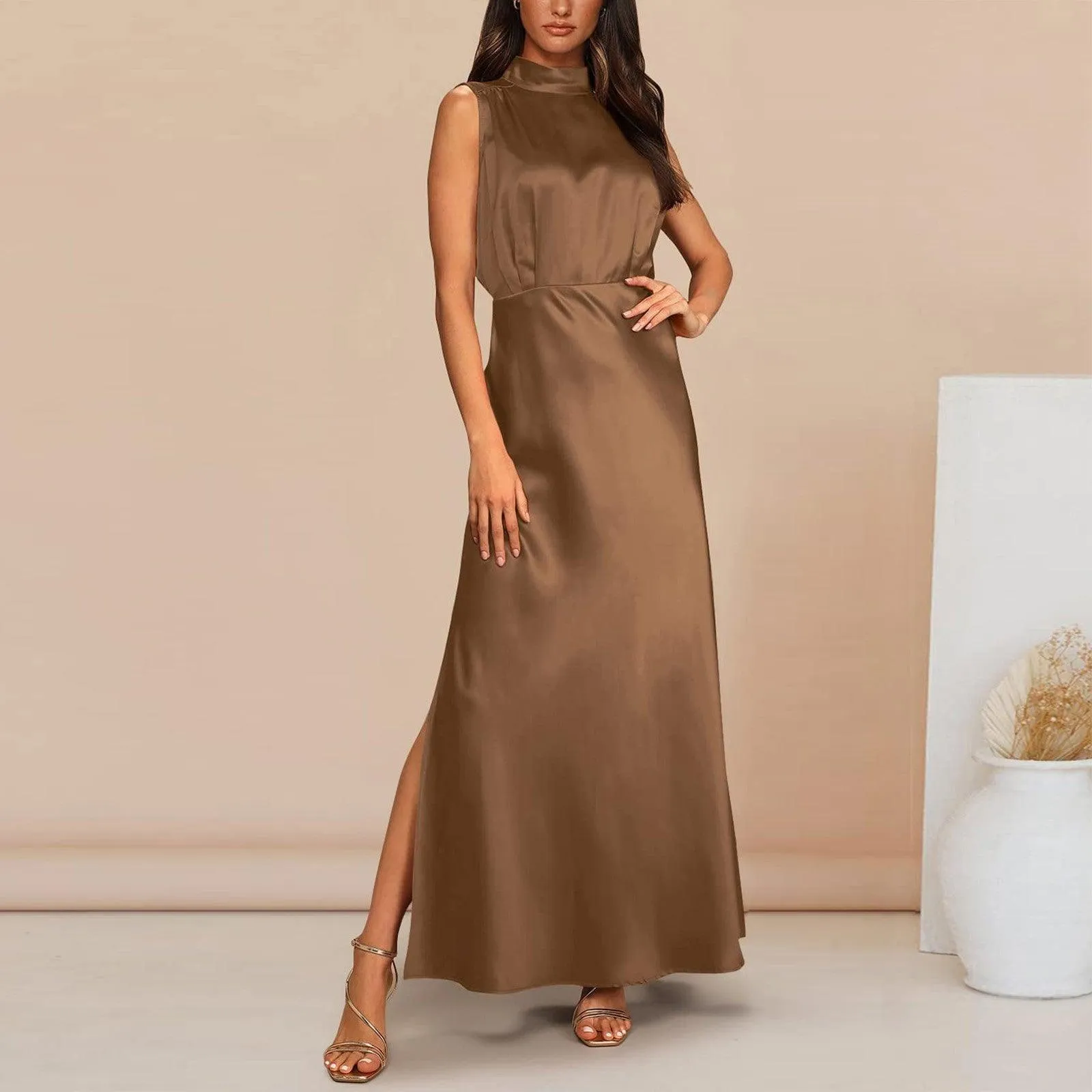 Summer Elegant Women Summer Long Formal Satin Dresses Mock Neck Sleeveless Side Slit Flowy Maxi Tank Dresses Woman Party Night