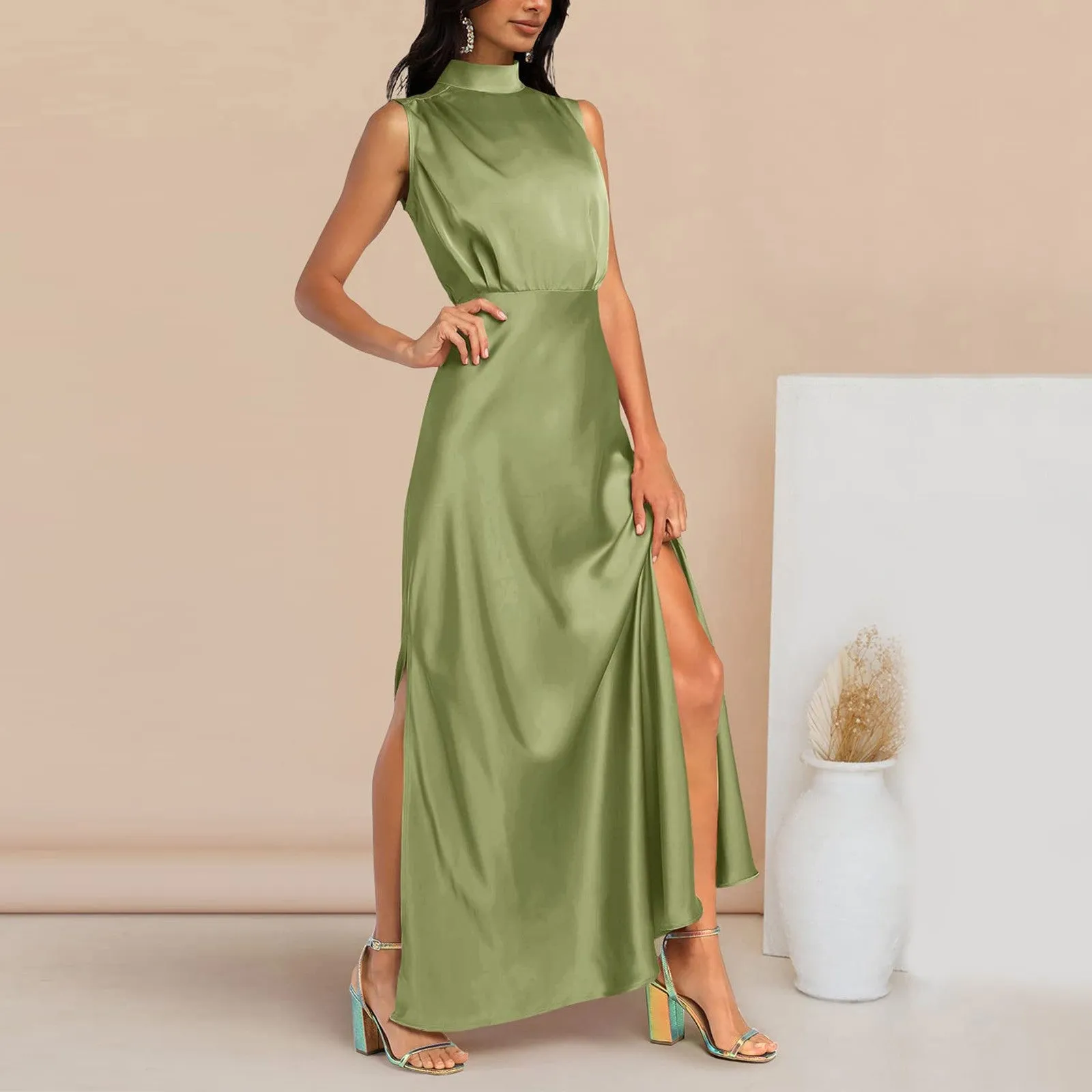 Summer Elegant Women Summer Long Formal Satin Dresses Mock Neck Sleeveless Side Slit Flowy Maxi Tank Dresses Woman Party Night