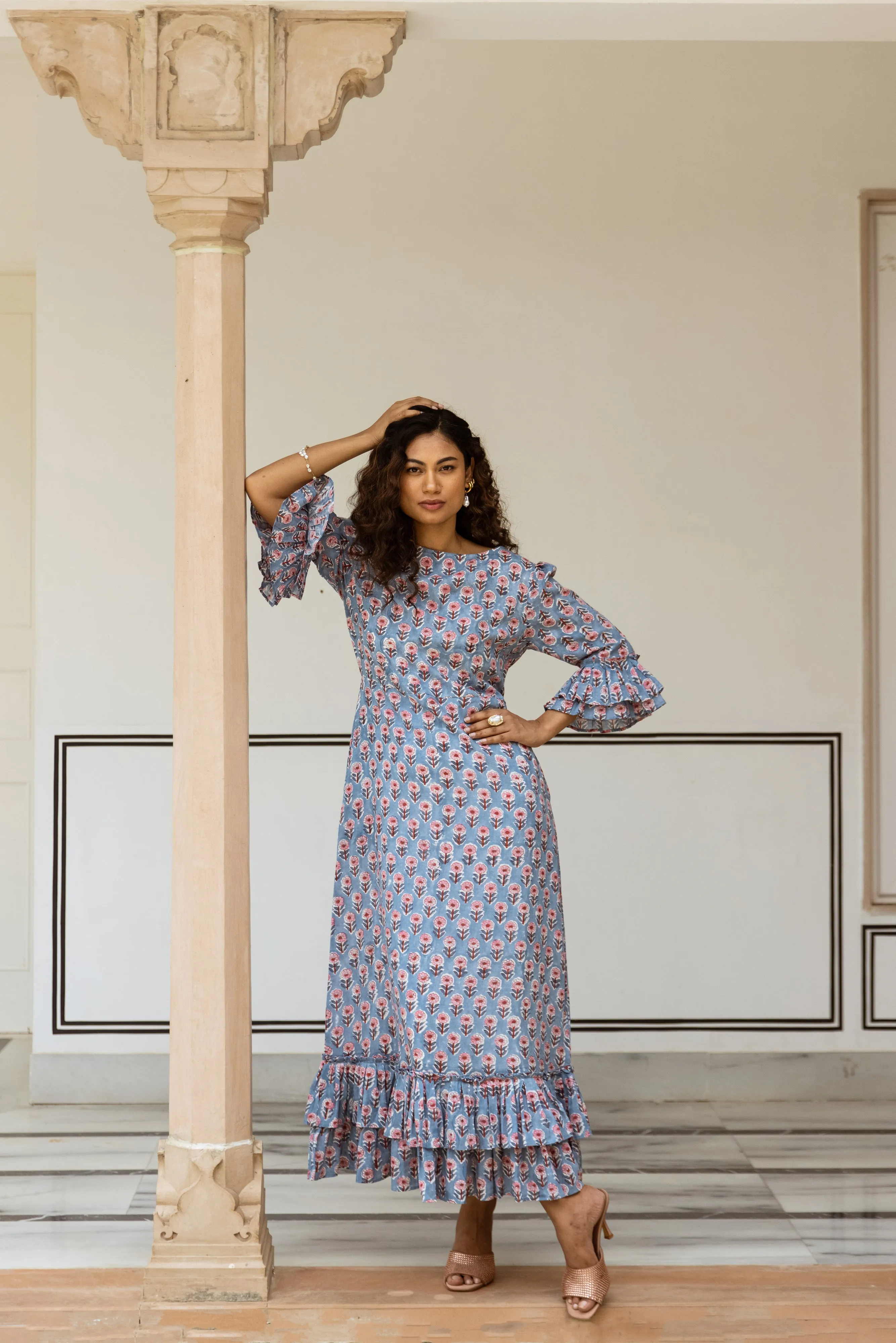 The Leela - Midi Cotton Block Print Dress -  Powder Blue