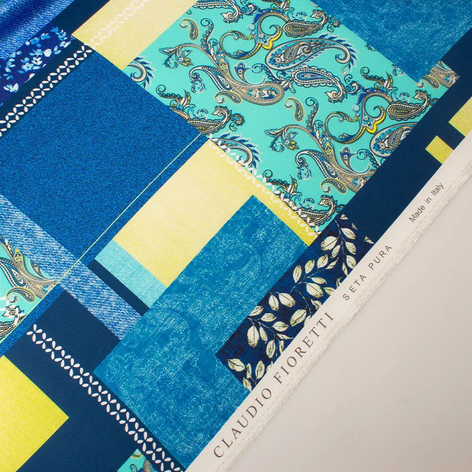 Turquoise & Royal Blue Floral Patchwork Silk Twill