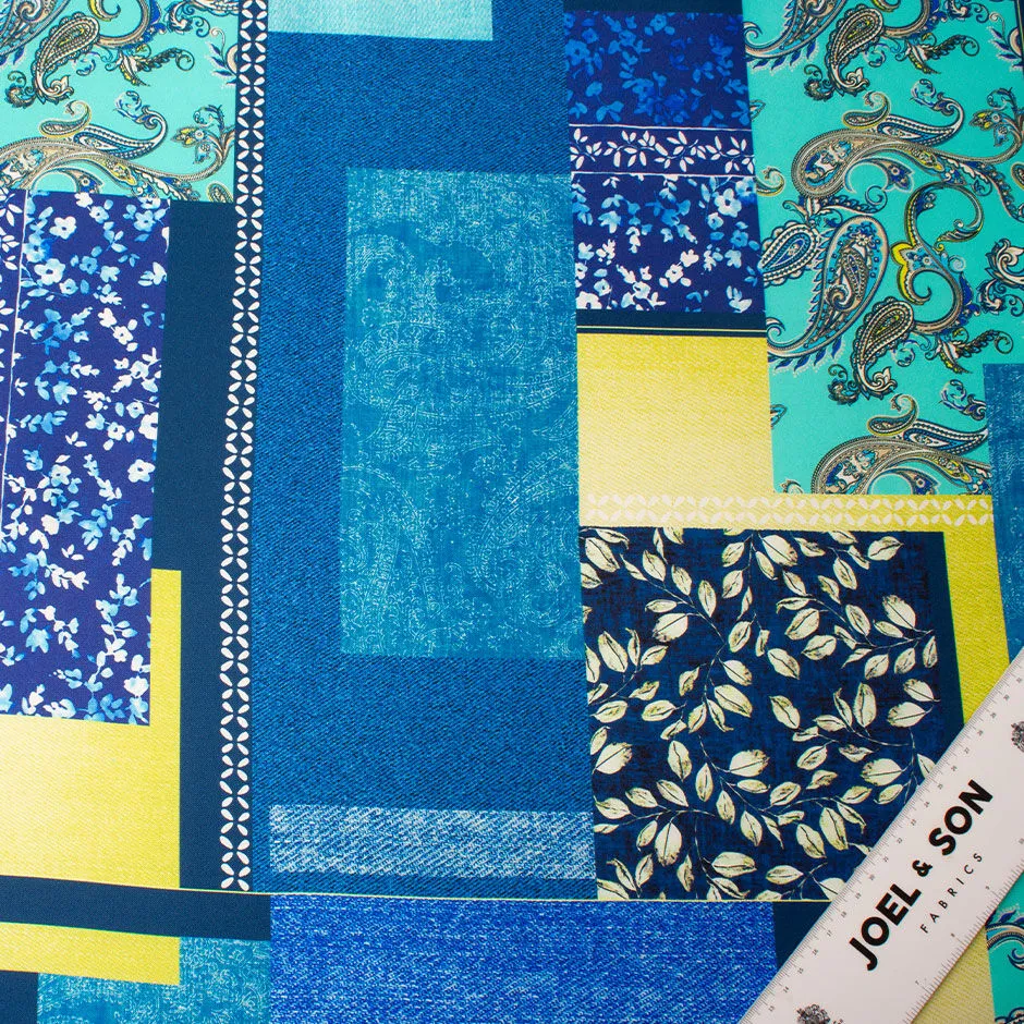 Turquoise & Royal Blue Floral Patchwork Silk Twill