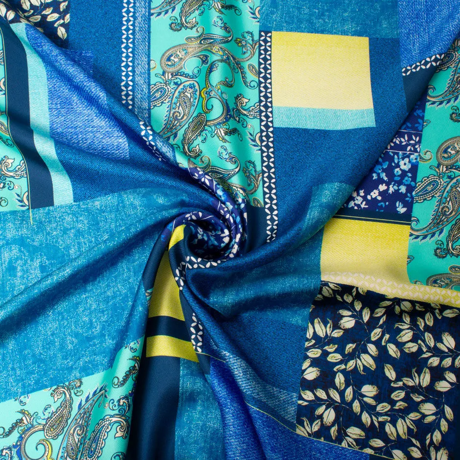 Turquoise & Royal Blue Floral Patchwork Silk Twill