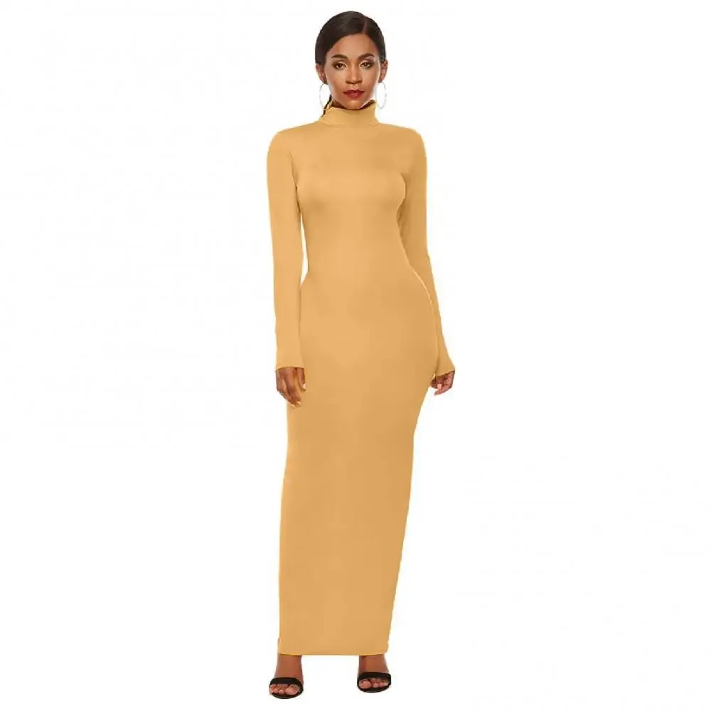 Uniwim聽Women Long Dresses Plus Size Party Solid Color Women Long Sleeve Turtleneck Bodycon Dress Maxi Vestidos S-5XL