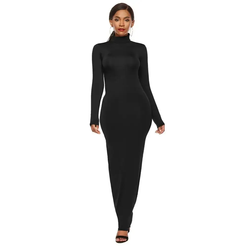 Uniwim聽Women Long Dresses Plus Size Party Solid Color Women Long Sleeve Turtleneck Bodycon Dress Maxi Vestidos S-5XL