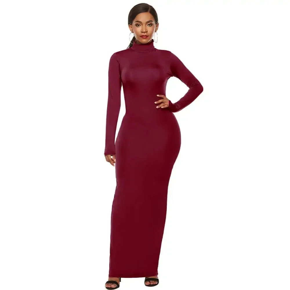 Uniwim聽Women Long Dresses Plus Size Party Solid Color Women Long Sleeve Turtleneck Bodycon Dress Maxi Vestidos S-5XL