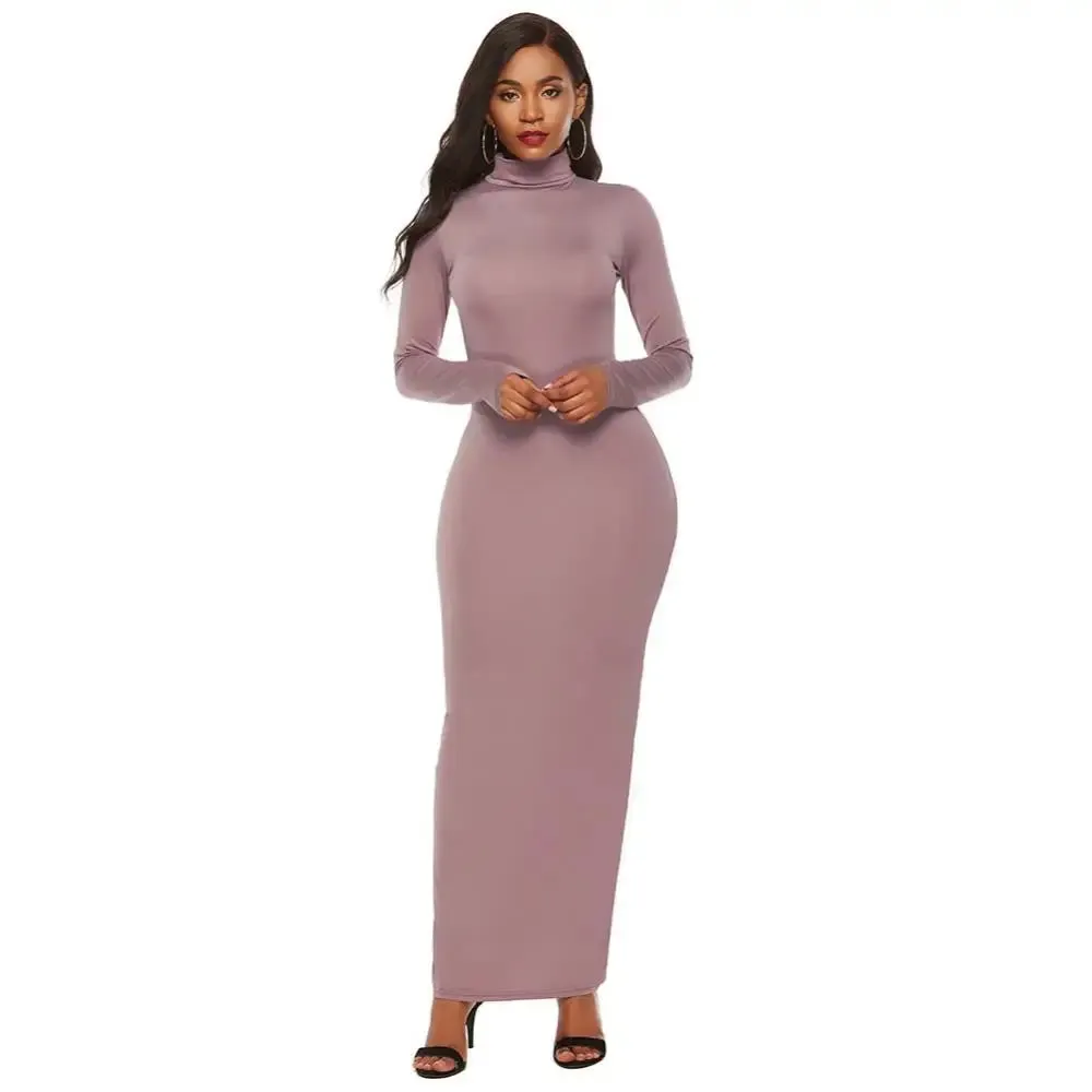 Uniwim聽Women Long Dresses Plus Size Party Solid Color Women Long Sleeve Turtleneck Bodycon Dress Maxi Vestidos S-5XL