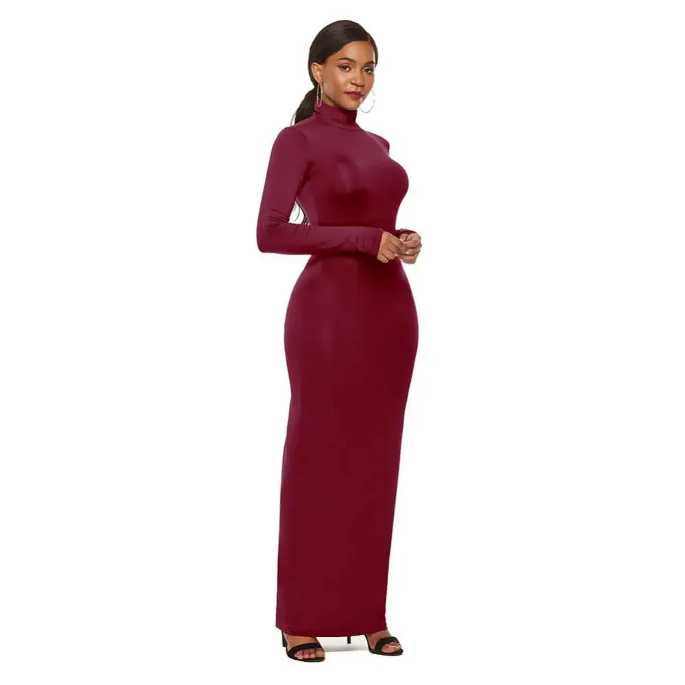 Uniwim聽Women Long Dresses Plus Size Party Solid Color Women Long Sleeve Turtleneck Bodycon Dress Maxi Vestidos S-5XL