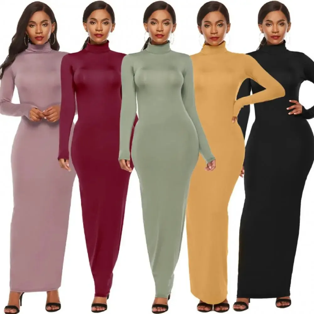 Uniwim聽Women Long Dresses Plus Size Party Solid Color Women Long Sleeve Turtleneck Bodycon Dress Maxi Vestidos S-5XL