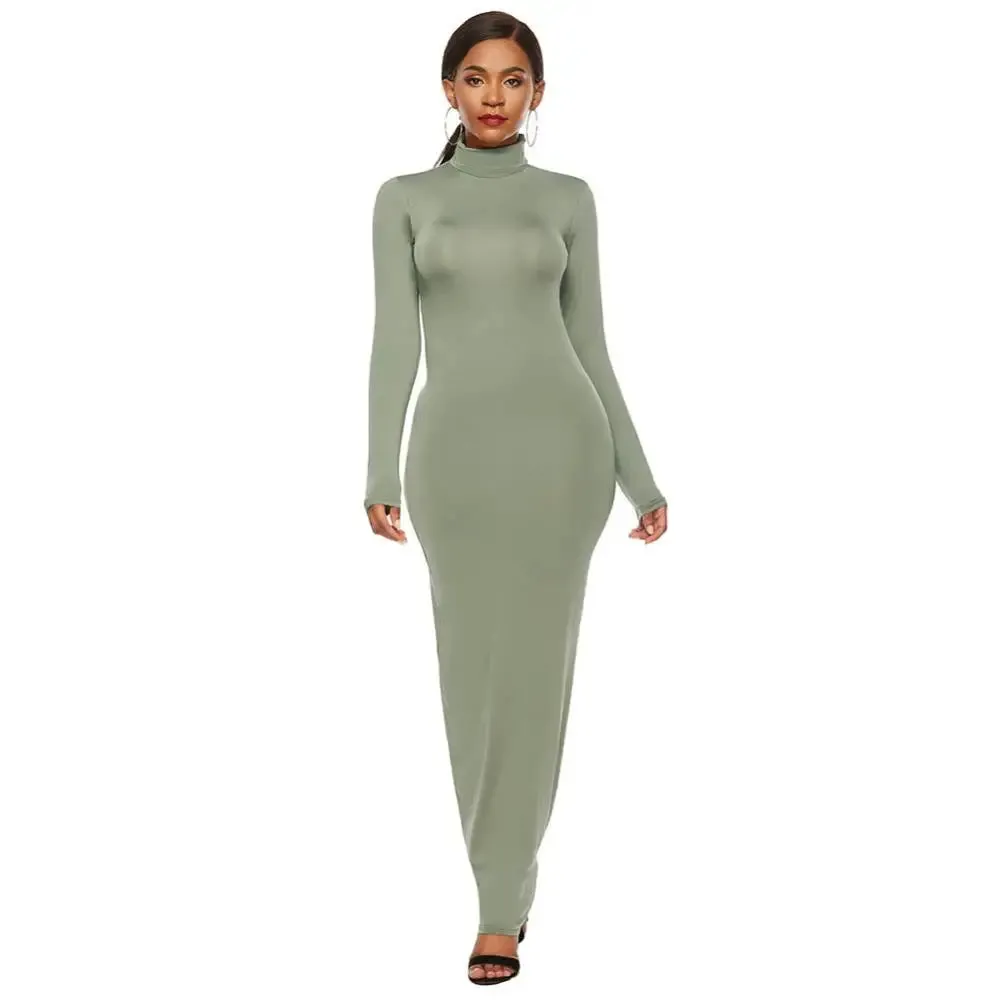 Uniwim聽Women Long Dresses Plus Size Party Solid Color Women Long Sleeve Turtleneck Bodycon Dress Maxi Vestidos S-5XL