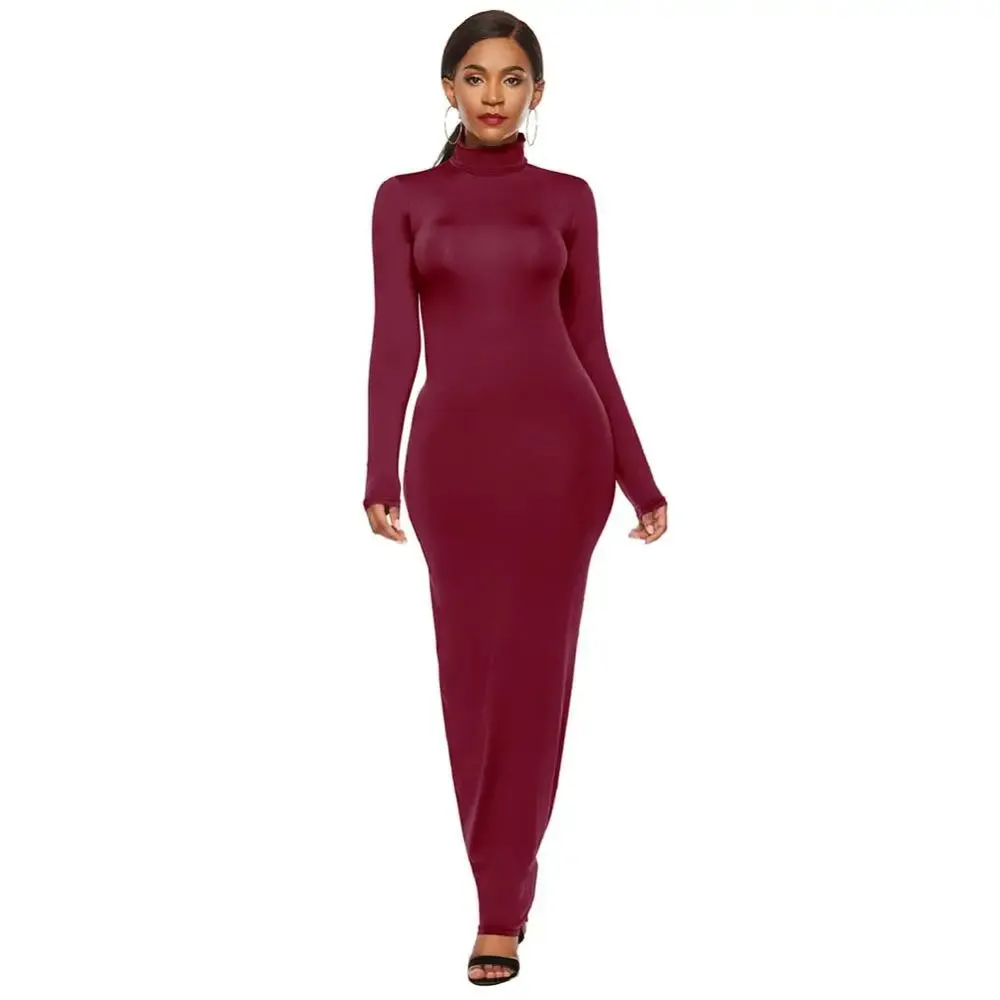 Uniwim聽Women Long Dresses Plus Size Party Solid Color Women Long Sleeve Turtleneck Bodycon Dress Maxi Vestidos S-5XL