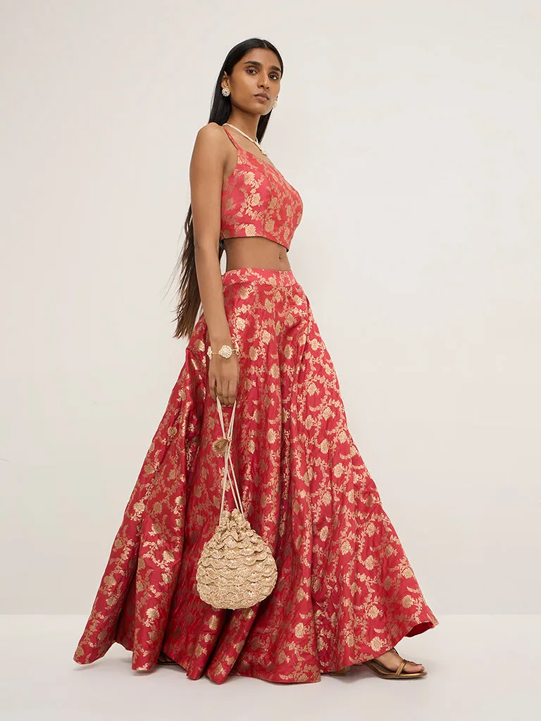 Vark Red Brocade High-Rise Skirt