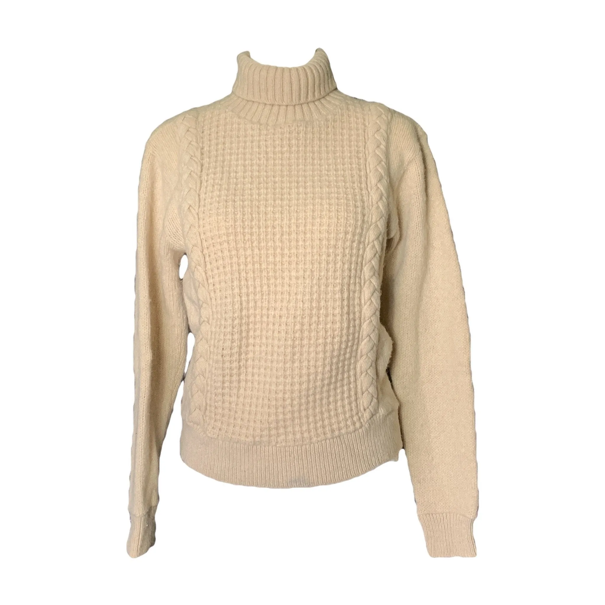 Vintage 1960s Chunky Cream Cable Knit Wool Sweater. Sustainable Fashion Traditional Winter Style.