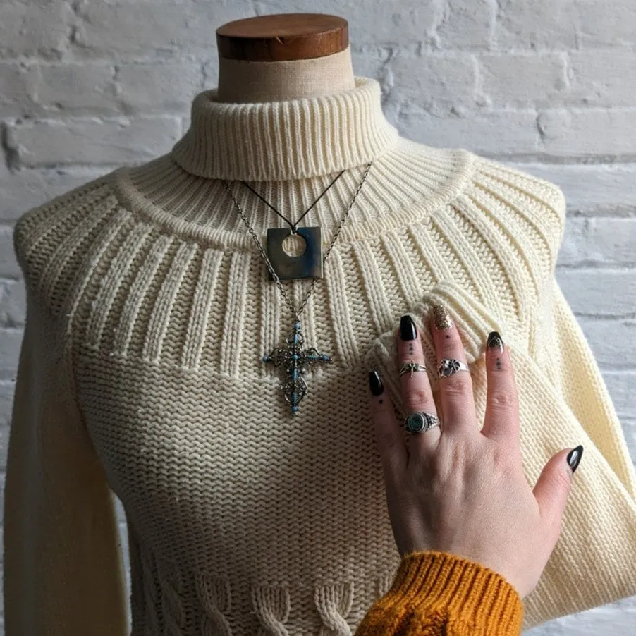 Vintage Cable Knit Turtleneck Sweater Minimalist Light Academia Fuzzy Femme Top