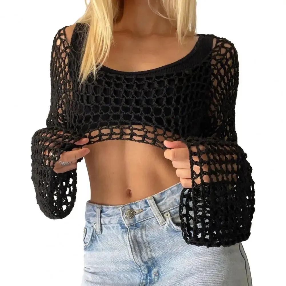 Women Sweater Cover Up Top Stylish Crochet Knit Hollow Out Blouse