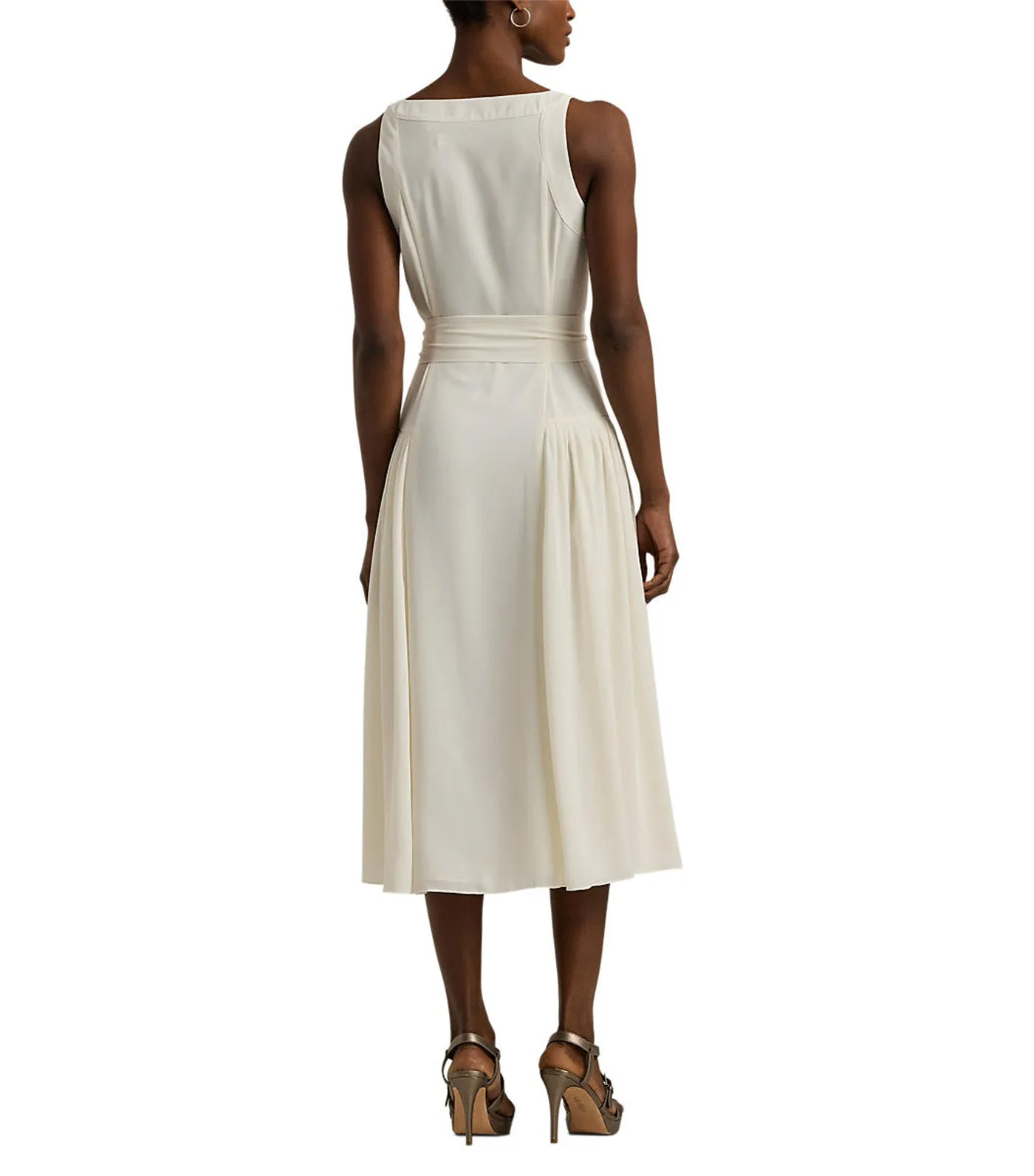 Women's Belted Georgette Sleeveless Dress Mascarpone Cream