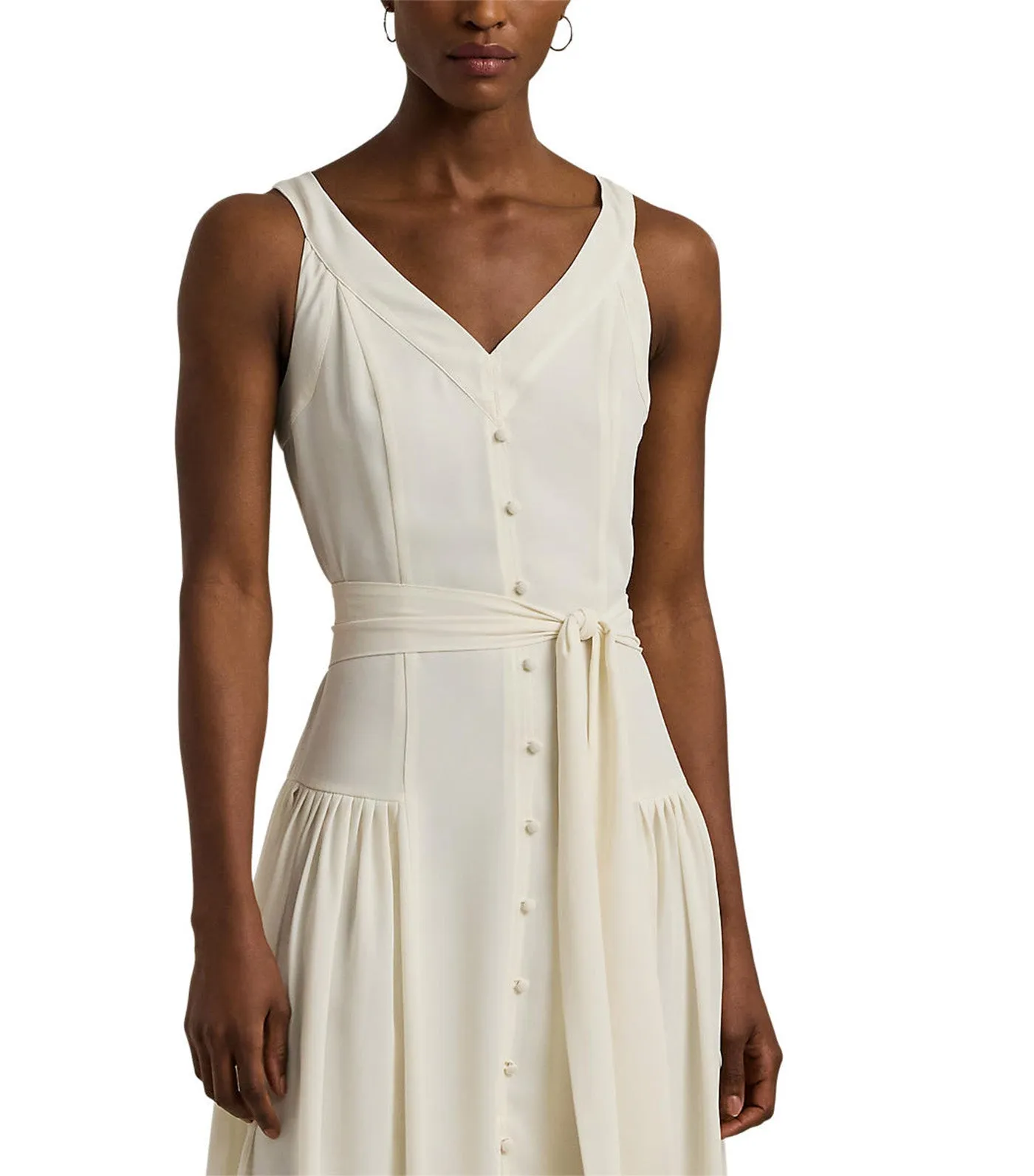 Women's Belted Georgette Sleeveless Dress Mascarpone Cream