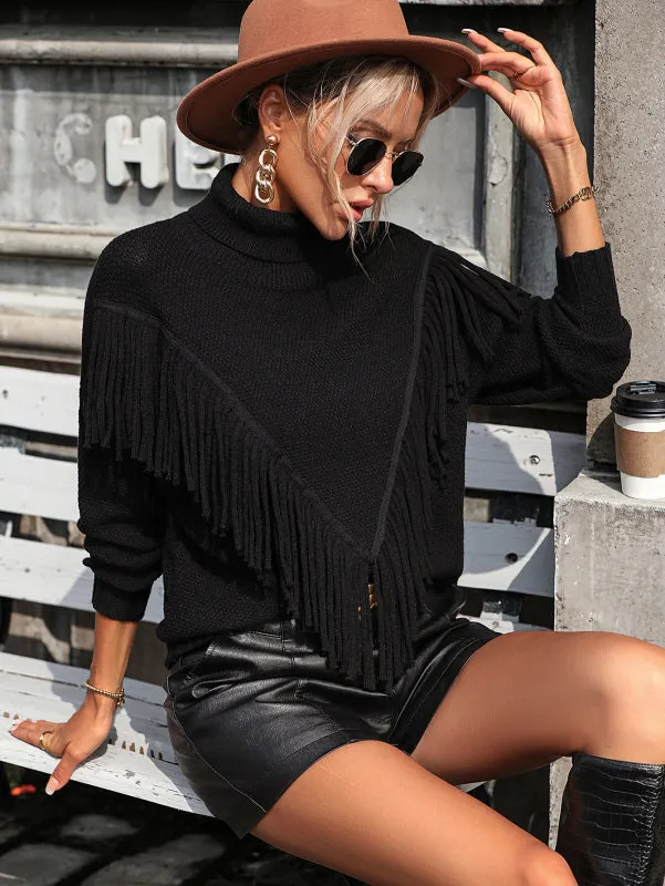 Women's Fitted V Front Panel Fringed Turtleneck Jumper