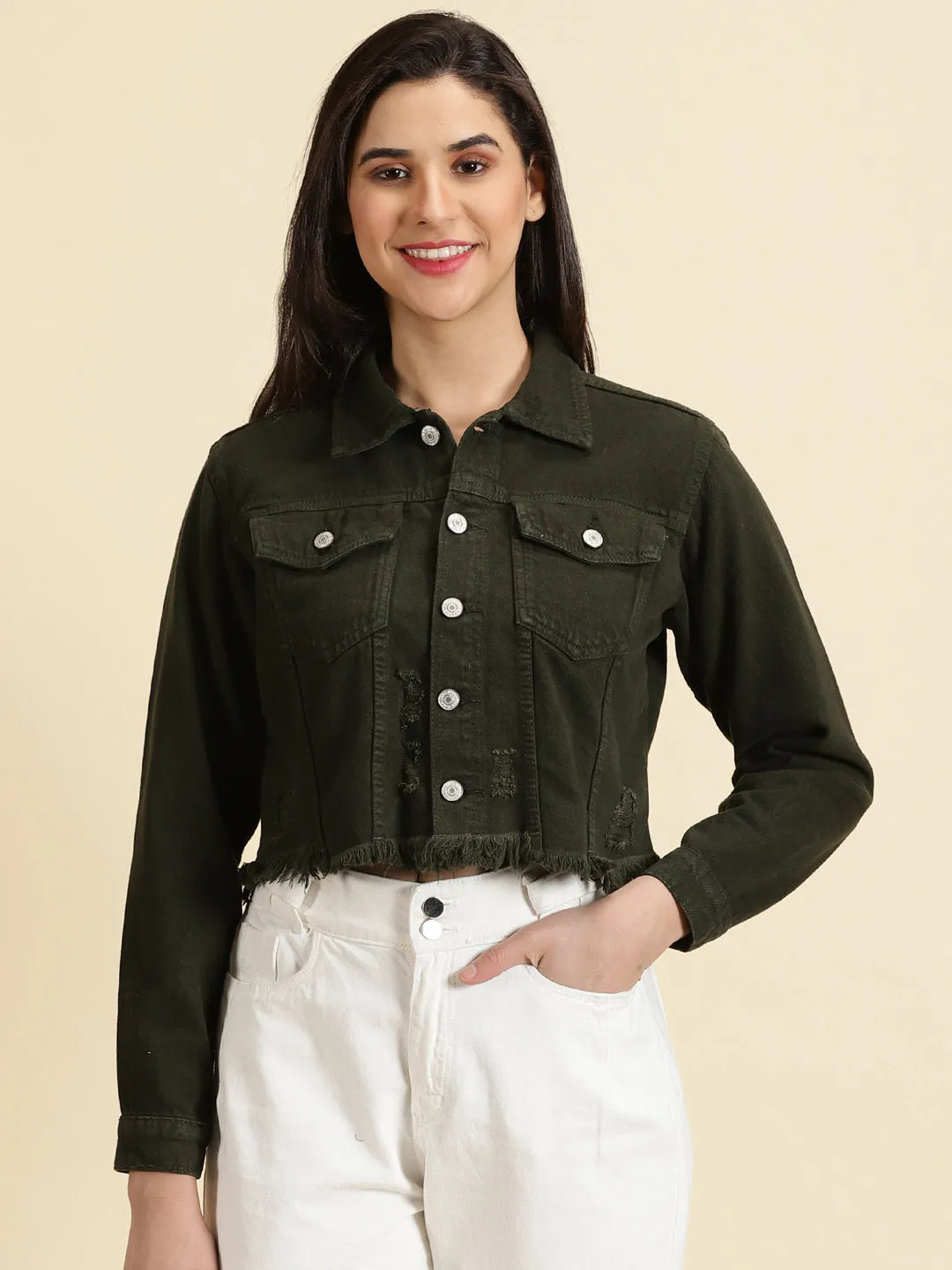 Women's Olive Solid Open Front Jacket