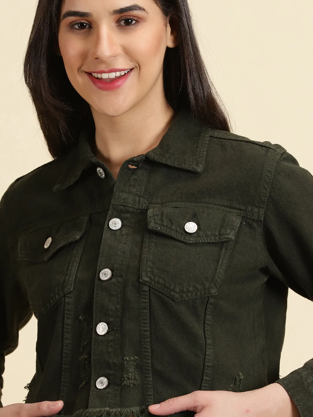 Women's Olive Solid Open Front Jacket