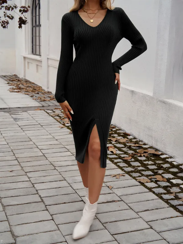 Women's Ribbed V-Neck Knitted Midi Dress With Long Sleeves and Front Split