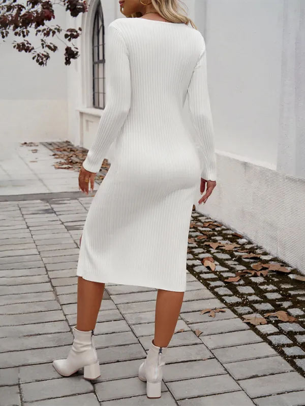 Women's Ribbed V-Neck Knitted Midi Dress With Long Sleeves and Front Split